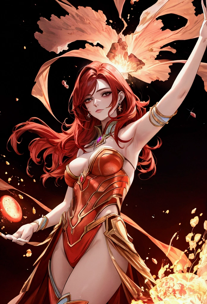 red hair, crystal hair, shiny hair, lens flare, Conceptual art, Surrealism, 8k, super detail, UHD, masterpiece, accurate, anatomically correct, textured skin, super detail, high details, high quality, award winning, best quality, highres
A beautiful girl inspired by Mars, with medium-length red hair that flows like fire. She has a very beautiful face with a strong core, exuding an aura of nobility and strength. She is knowledgeable in mysterious things, giving her a mystical and wise appearance. The background features an abstract representation of fire, emphasizing her connection to the element of fire and the planet Mars.