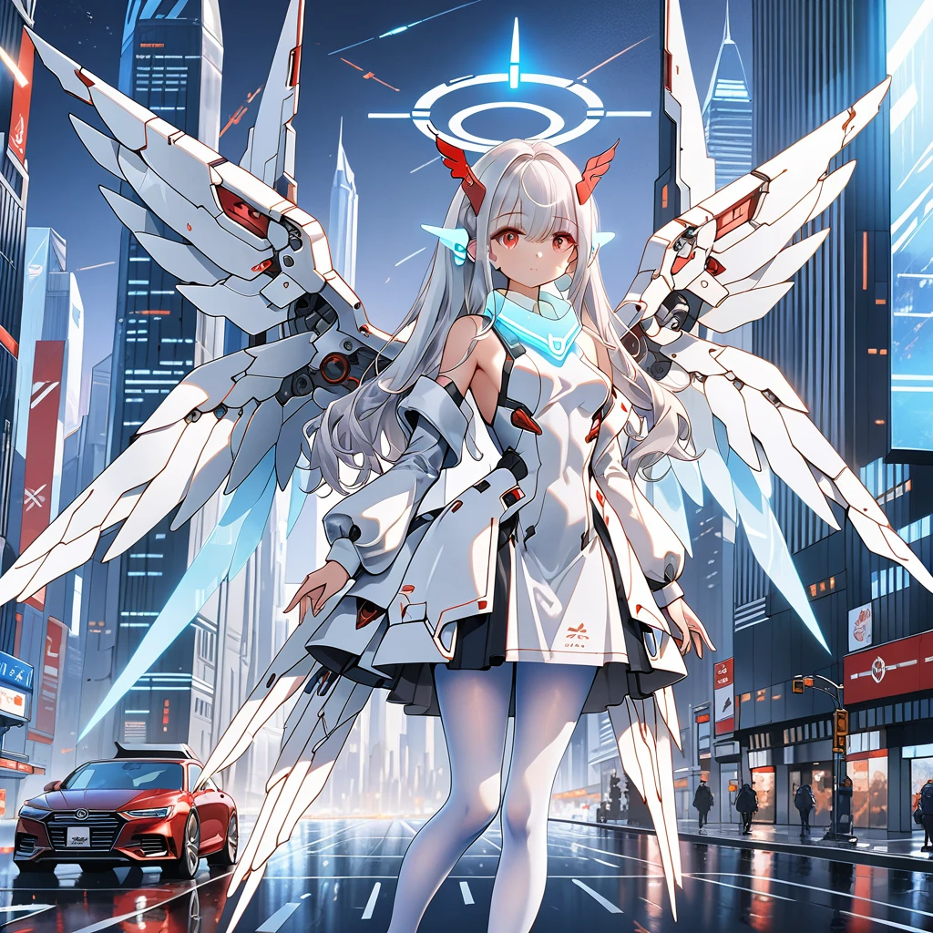 masterpiece, highest quality, highest resolution, clear_image, detailed details, white hair, long hair, 1 girl, car ears, red eyes, futuristic wings (12 wings), futuristic halo, white sci fi mecha dress, white scarf (around the neck withn a light blue glow), white pantyhose, full body, no water marks, city