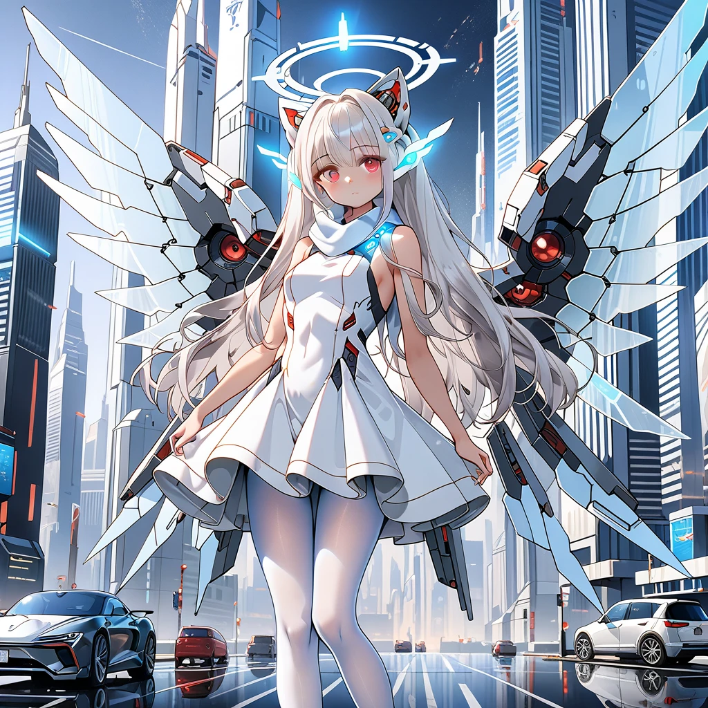 masterpiece, highest quality, highest resolution, clear_image, detailed details, white hair, long hair, 1 girl, car ears, red eyes, futuristic wings (12 wings), futuristic halo, white sci fi mecha dress, white scarf (around the neck withn a light blue glow), white pantyhose, full body, no water marks, city