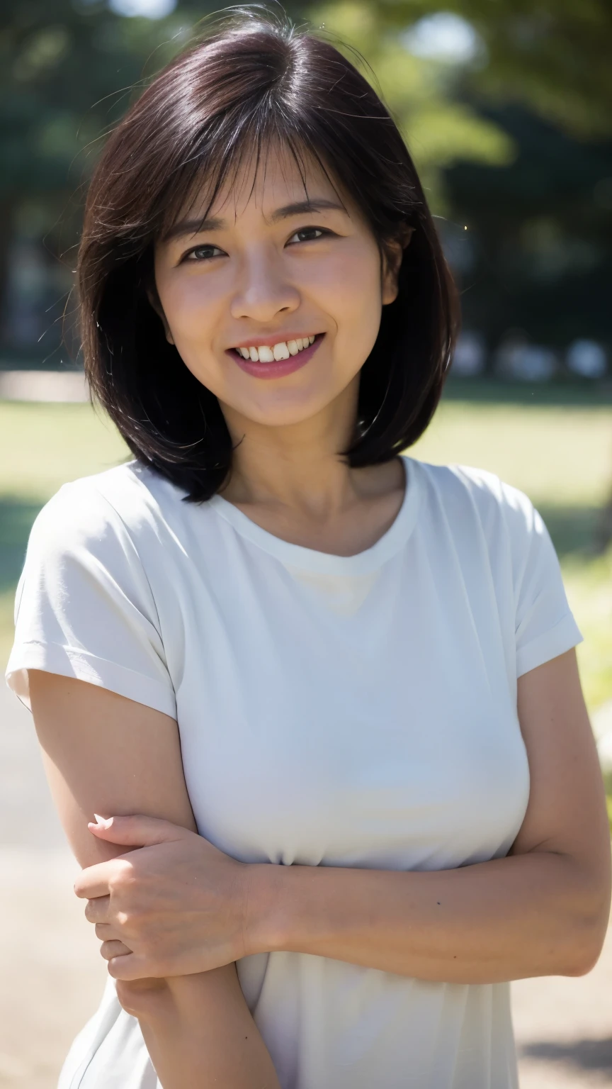 Standing in the park, Wrinkles around the eyes, Smiling with teeth showing, Plain short-sleeved clothing, senior citizen, Draw lips correctly, Red lipstick, No discomfort, 16K, Highest quality, Very detailed, Realistic, Very detailed肌, (Japanese), (alone), 100 years old, Large Breasts, , Glamour, sexy, Chromo White Skin, Staring straight ahead,