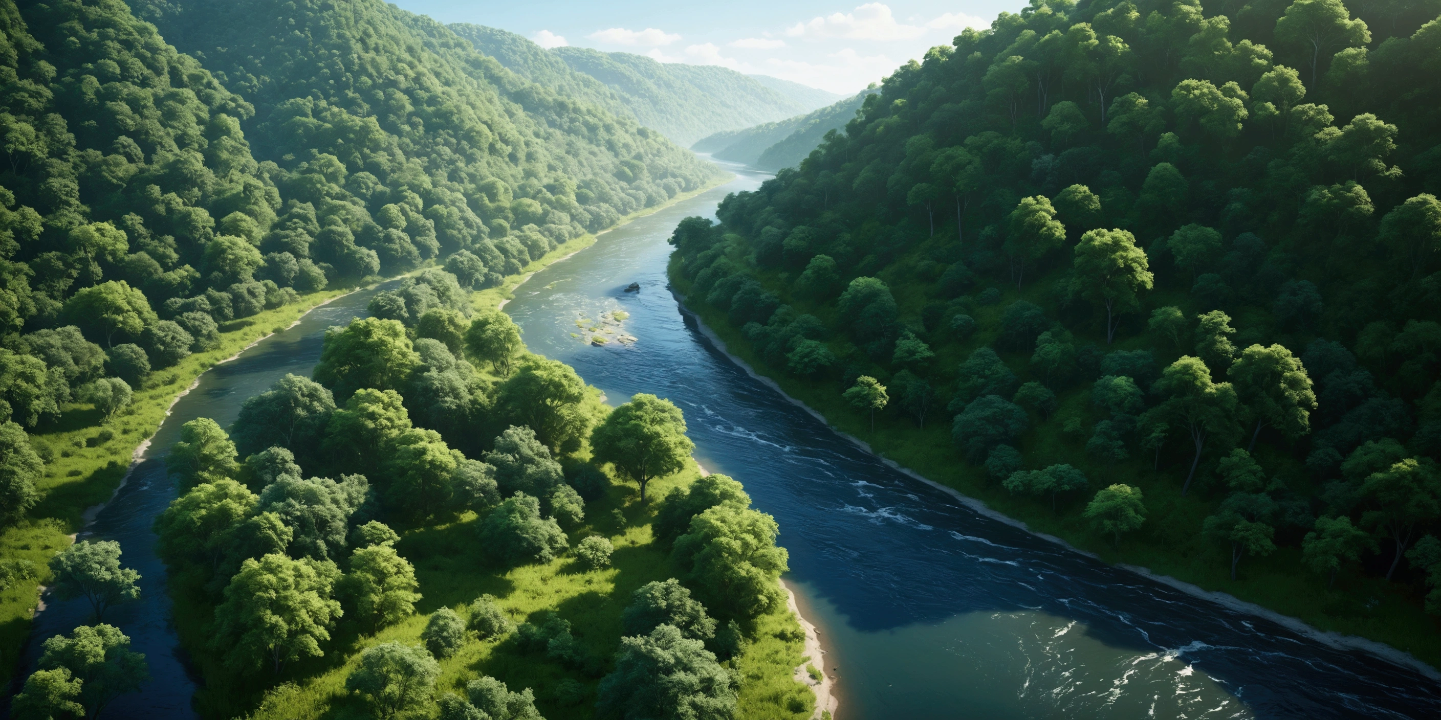 A beautiful natural landscape with green forests, clean rivers, and wildlife. Emphasize conservation and environmental beauty, 8k, hyper realistic