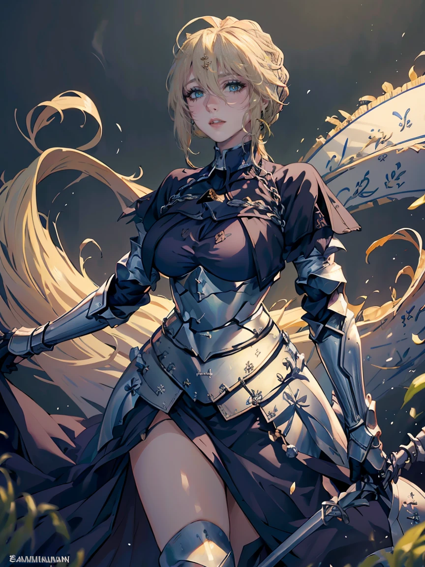 Artoria Lancer, Mulher Madura, elegante, cabelo loiro, olhos verdes, Curvilíneo, coroa, Ombro nu, tronco, Resolução 4k, alta qualidade, Hyperresolution，accuracy，Detailed rendering，（Subtle facial image）（Image of fine hair）（topquality）（Masterpieces of masters）（High degree of completeness）（A sense of atmosphere）tmasterpiece，Super detailed and super detailed（portrait), long blonde hair, (((twin braids)))(((ANKLE LENGTH HAIR))) (((Sakimichan))) (((blonde)))((Armor)) ((Halberd))) (((warrior)))(((TWIN HAIR BRAIDS)))(((jEANNE D'ARC)))