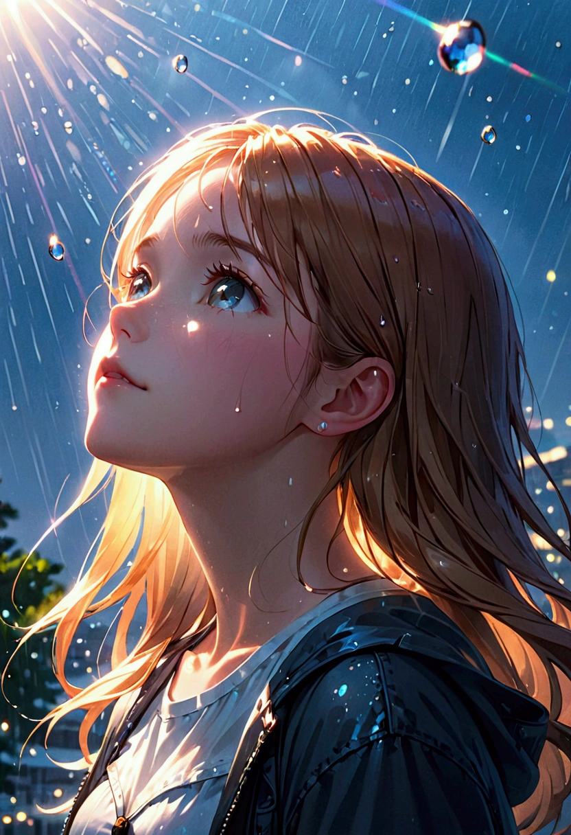 An 18-year-old girl looking up at the sky after the rain、Sparkling water droplets、prism、Lens flare、Cinema Lighting、masterpiece、Highest quality、8k,Detailed focus、