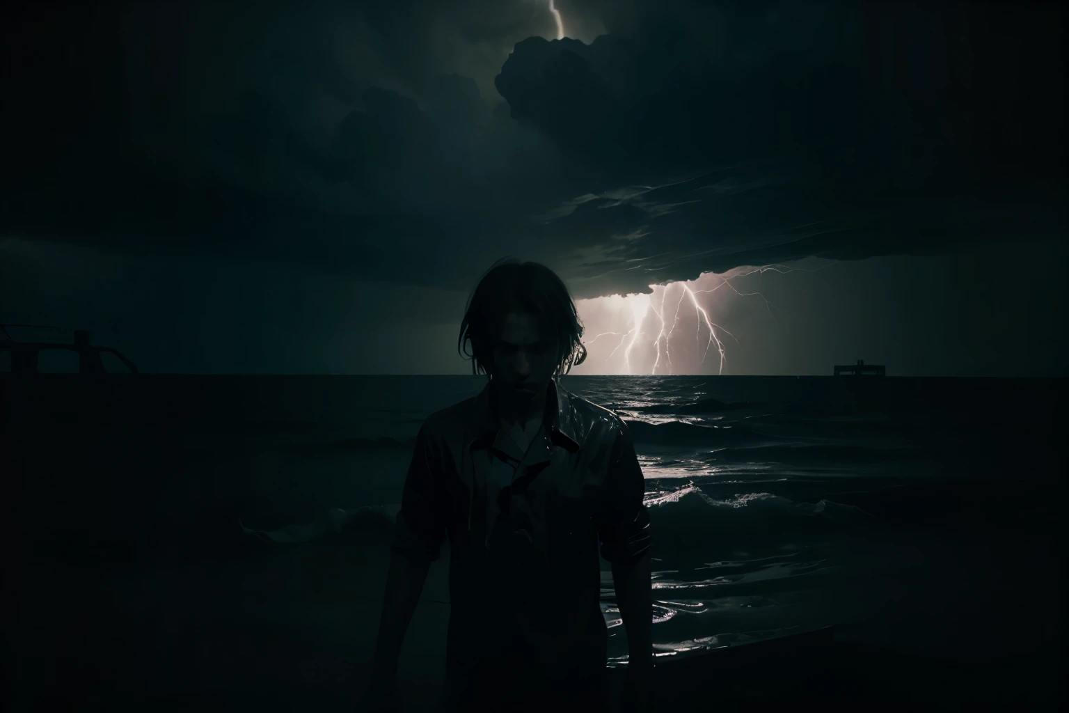 terrified boy in turbulent water, lightning storm, dramatic lighting, cinematic, vintage grain, fear, intense atmosphere, dark sky, wet, high contrast, ominous, surreal scene
