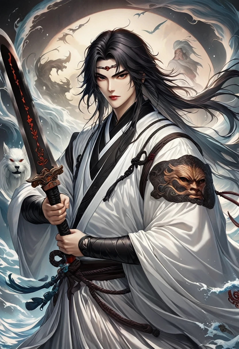 One was wearing a white dress、Close-up of man holding sword,Portrait of Yang Jian,Popularity of CGsociety,Fantasy Art,Beautiful character painting,Guviz-style artwork,Gurwitz,White Hanfu,Flowing white robe,Full body martial arts,Epic and beautiful character art,Stunning character art,cold male killer