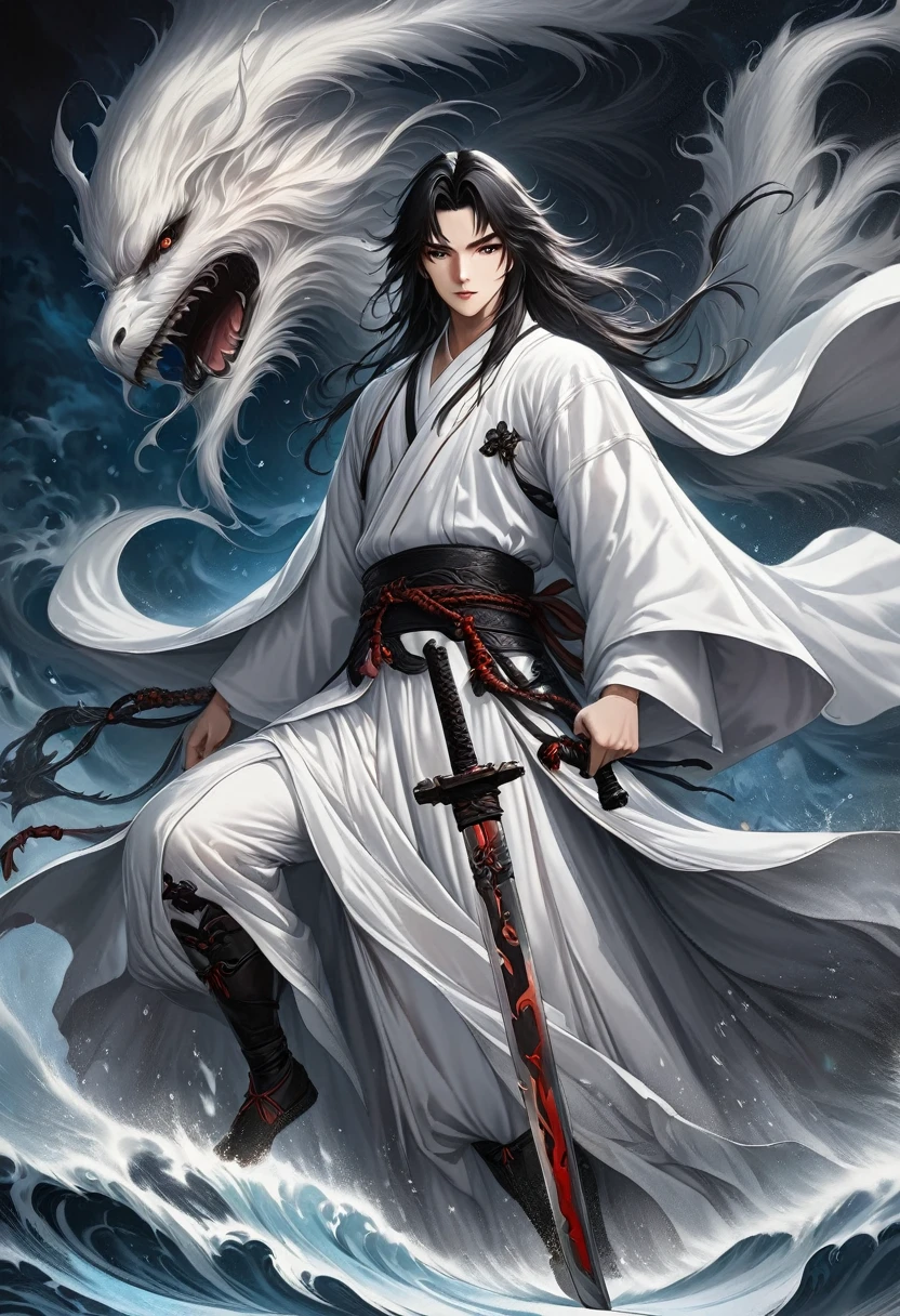 One was wearing a white dress、Close-up of man holding sword,Portrait of Yang Jian,Popularity of CGsociety,Fantasy Art,Beautiful character painting,Guviz-style artwork,Gurwitz,White Hanfu,Flowing white robe,Full body martial arts,Epic and beautiful character art,Stunning character art,cold male killer