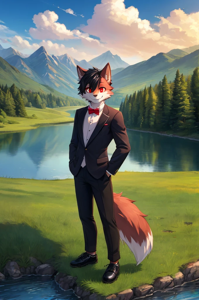 1boy, wolf, furry, alone, outdoors, smile, fancy suit, day, hand in pocket, black hair, mountain, looking at viewer, grass, tree, sky, red eyes, lake, black shoes, pink fur, landscape , nature, socks, tights, standing, cloud, brown footwear, river, water, black pants, tail