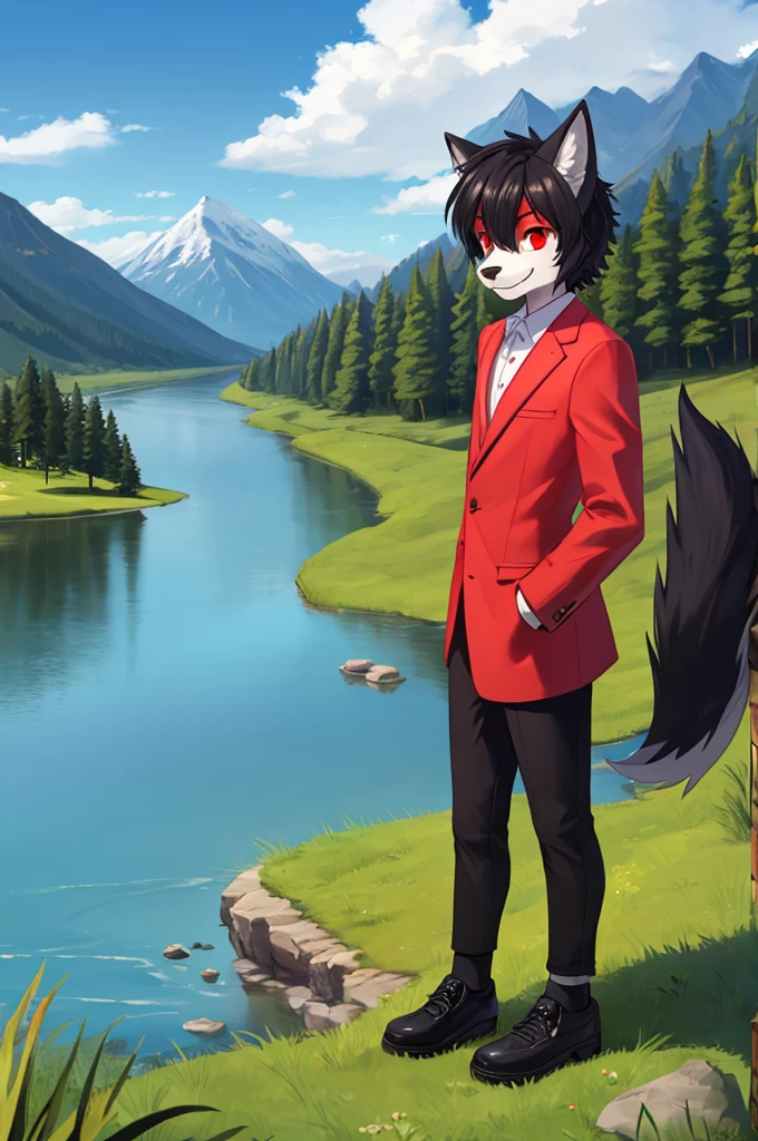 1boy, wolf, furry, alone, outdoors, smile, fancy suit, day, hand in pocket, black hair, mountain, looking at viewer, grass, tree, sky, red eyes, lake, black shoes, pink fur, landscape , nature, socks, tights, standing, cloud, brown footwear, river, water, black pants, tail