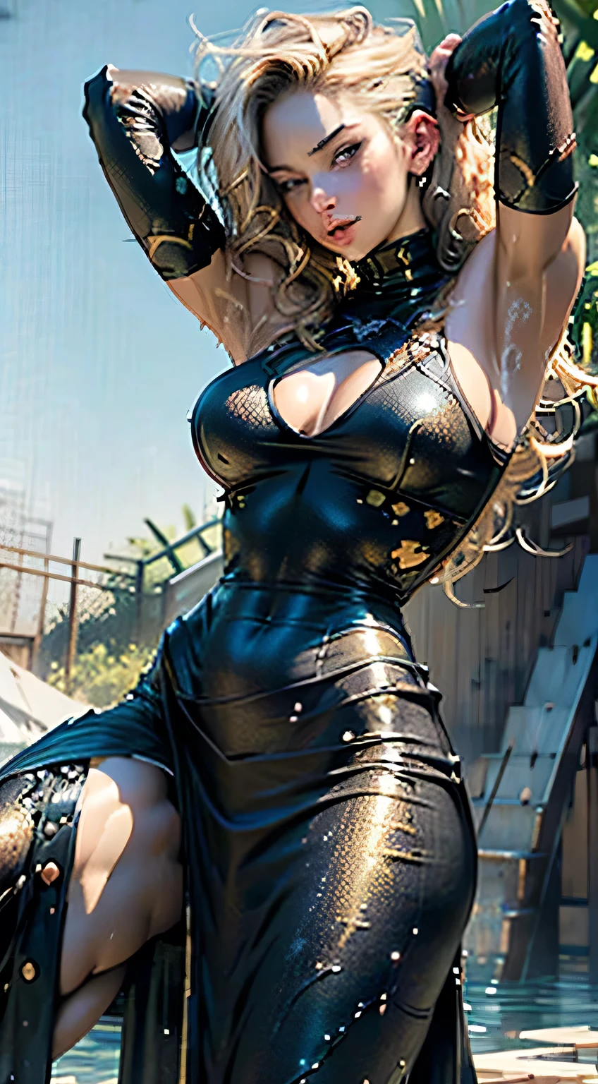 ((Lower your arms and hands)), (Highest quality, 4K, masterpiece: 1.3), Beautiful woman, Ultra-realistic, 1 girl, (Huge breasts, Attractive body: 1.2), Abdominal muscles: 1.1, Dark blonde hair: 1.1, (Wet with rain, Wet with rain, Body gets wet: 1.2), Ultra detailed Face, detailed Lips, detailed Eyes, detailed, Armpit hair, detailed Armpits, double eyelid, Sexy low neck dress, Open neckline, Saggy breasts, Side pose, Visible curves, Pool Party, Lying next to the pool, Golden robe, bra, Shoelaces, Raise one arm, Raise one hand, Hairy armpits, Super Short Hair, pubic hair, Ultra-thin bra, ultra-thin Shoelaces, Spread your legs, Big arms, Big biceps, Realistic armpit hair, Oiled, anger, Sexy pose,