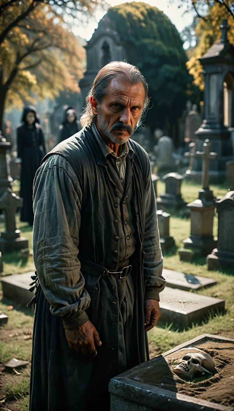 naughty man (gravedigger), wearing old clothes, in a scary cemetery, looking at the spirit of a 7 year old girl, Grieving, emotive, cinematic background, hyperrealisti, ultra detailed hyperrealisti, photorrealistic, studio lighting, Reflections, dynamic pose, cinematic, Historical accuracy, color grading, fot, Shot with a 50mm lens, ultra-wide angle, Depth of field, 超detailded, beautifully color-graded, 8k