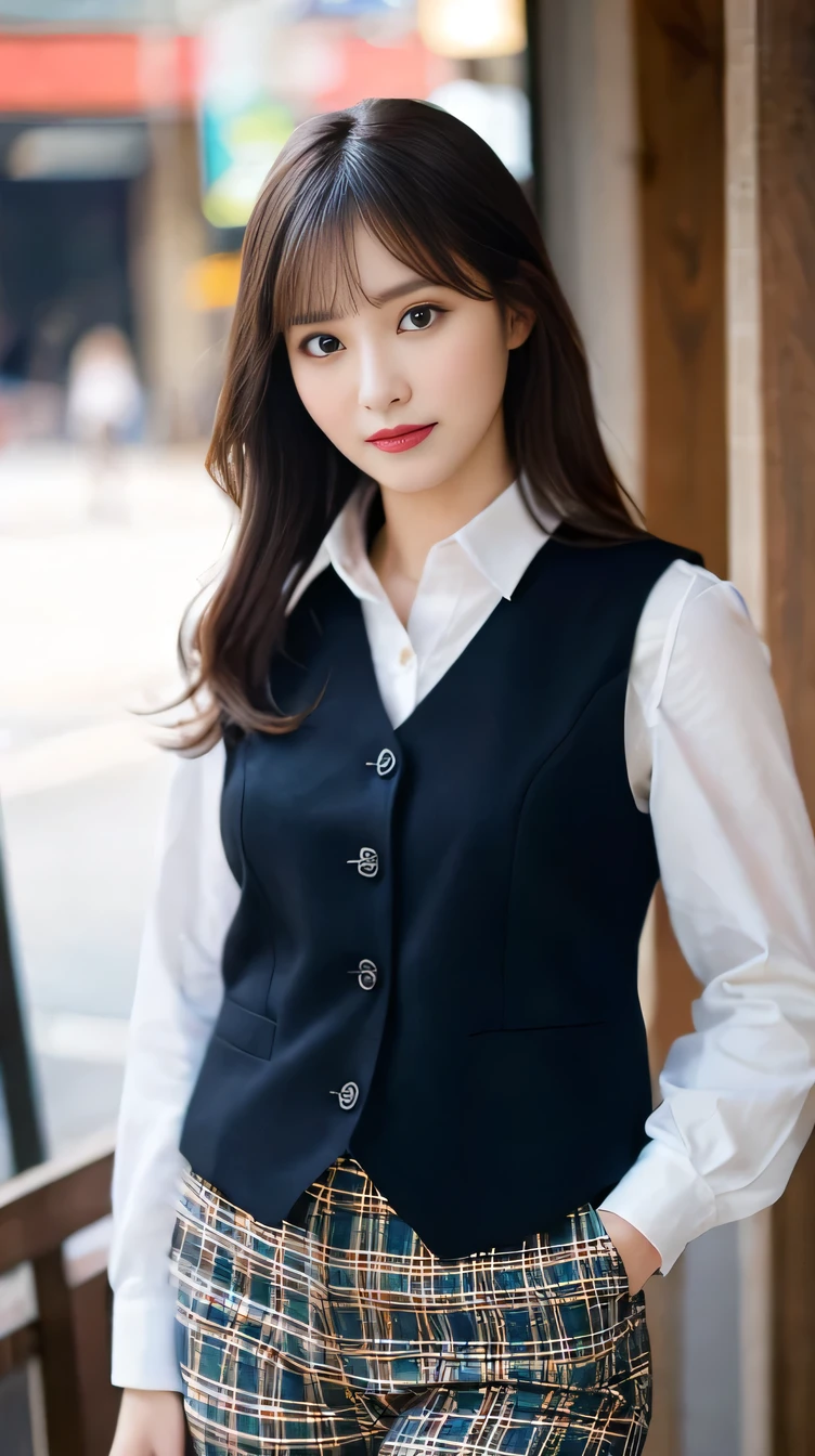 (((masterpiece))), (((Highest quality: 1.4))), ((Very detailed: 1.4)) , (Realistic), (Genuine:1.4), 1girl、Perfect Anatomy、48 years old、Incredible beauty、Plump Mature Woman、 Perfect look,double eyelidの目,Delicate makeup,Cool Beauty, Accurately express the fine details of the face and skin texture,(The most beautiful face and eyes), double eyelid,Delicate skin,Looking into the camera、Medium Long Hair、Plaid vest、((Are standing:1.3))、(Ultra-realistic pantyhose:1.2), (High heels)、(Business services)、
indoor,
