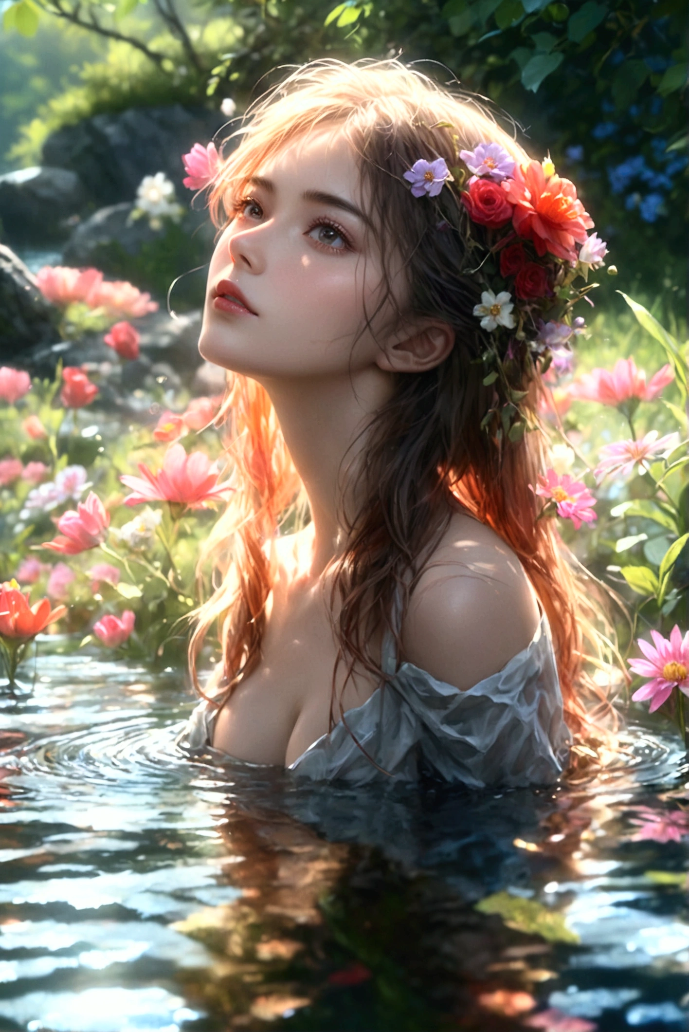 a naked gorgeous woman in a lake, with flowers and rocks, (best quality,4k,8k,highres,masterpiece:1.2),ultra-detailed,(realistic,photorealistic,photo-realistic:1.37),HDR,UHD,studio lighting,ultra-fine painting,sharp focus,physically-based rendering,extreme detail description,professional,vivid colors,bokeh,dramatic lighting,cinematic composition,moody,serene,ethereal