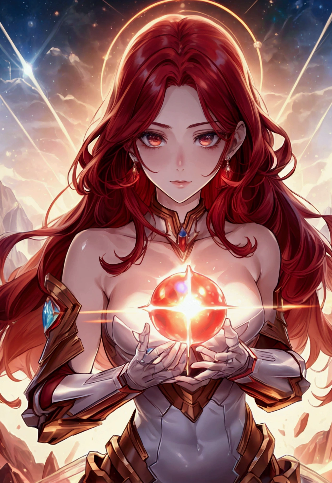 red hair, crystal hair, shiny hair, lens flare, Conceptual art, Surrealism, 8k, super detail, UHD, masterpiece, accurate, anatomically correct, textured skin, super detail, high details, high quality, award winning, best quality, highres
A beautiful girl inspired by Mars, with medium-length red hair that flows like fire. She has a very beautiful face with a strong core, exuding an aura of nobility and strength. She is knowledgeable in mysterious things, giving her a mystical and wise appearance. The background features an abstract representation of fire, emphasizing her connection to the element of fire and the planet Mars.