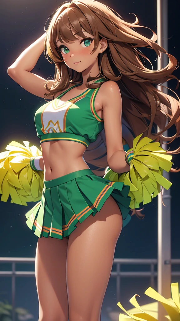 (masterpiece), (4k), )vivid colors), (evening light) 12-year-old woman with very tanned skin, green eyes, very long wavy brown hair with (((2 high collections))) dressed in a ((sexy cheerleader costume, skirt and low-cut top))