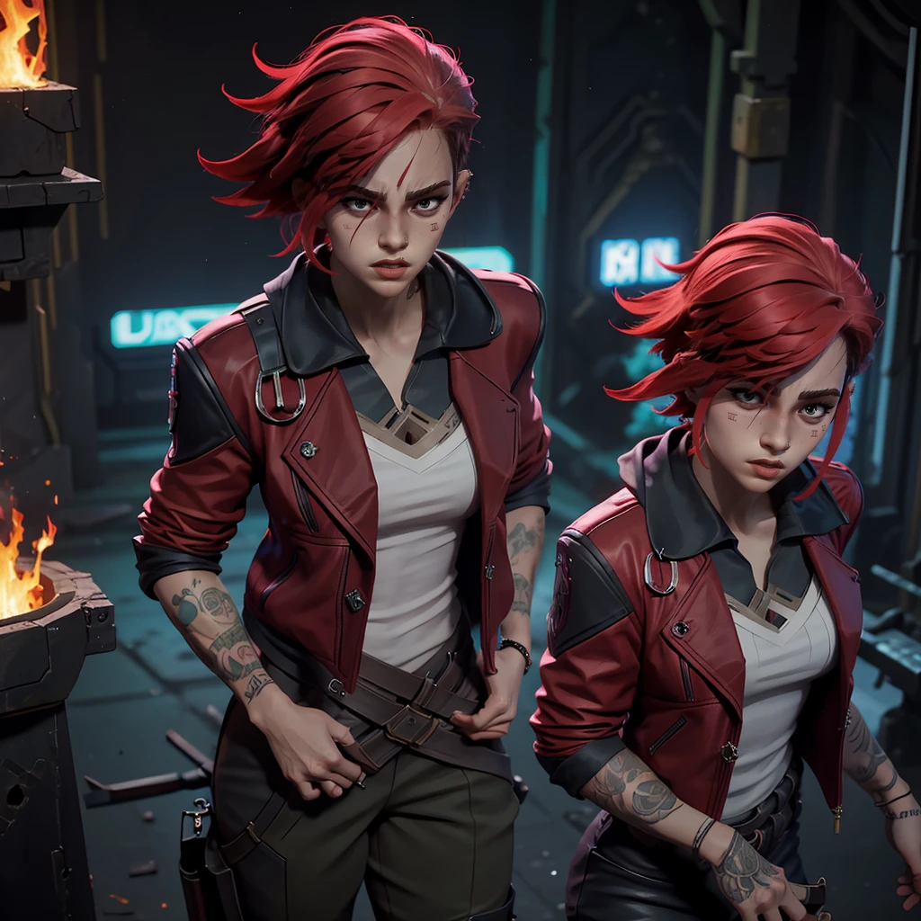 dv de arcane,, uma mulher com Red hair, cyberpunk woman anime woman, pants, Beautiful angry cyberpunk goddess, cyberpunk artstyle, cyberpunk anime digital art, cyberpunk anime art, Arcane, dv Retrato, cyberpunk anime art, cyberpunk themed art, cyberpunk dark fantasy, Arcane style, 1 girl, Red hair e curto , short-hair, garota de Red hair, shorth hair, burning place, white  shirt, dark red leather jacket, sideways, girl on an abandoned street, Red hair, shorth hair, green eyes, pink lips, Standing, ultra detalhada, ​masterpiece, super verbose. dv de arcane. Garota de Red hair, girl in brown pants, white blouse, dark red leather jacket, dv de arcane em um burning place, spark, spheres of light, Movie poster, dv de arcane, Arcane\(league of legends) dv, dv de arcane em uma cidade abandonada, everything is burning, fire everywhere