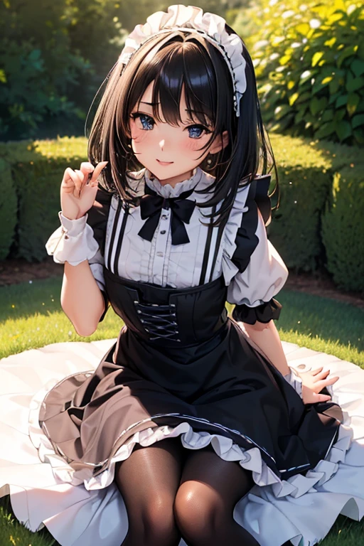 #基本 
A girl is posing for a photo, ((One Girl)), (((Baby Face:1.2)) + ((cute:1.3))), 
#A girl is posing for a photo, ((One Girl)), (((Baby Face)) + ((cute)) + 16 years old), 
break 

#Clothing Accessories 
(((Black and white:1.4)Gothic Lolita style maid outfit) : Elegant + (Baroque Dress) + Gothic Lolita Fashion + Dark Gothic Lolita + (Black and white)jabot + (black corset) + ((Black and white)Headdress) + ((Black and white)bonnet) + (White apron)) + (Black Pantyhose:1.4) + (Black High Heels), 
red gem earrings, 
break 

#Features 
((Black Hair:1.4)), (Bangs cut to the same height + I can't see my forehead), (Long Hair : A little short hair + Straight hair + Straight side hair),  
(Droopy eyes, blue eyes), (Very small breasts), 
break 

#background environment 
(noon, (The garden of a large Western-style mansion + grass + Sunlit rose garden)), 
#Facial Expression Pose 
((Smiling loudly, blush), (Confident and elegant appearance, (grassの上に座っている), (Sitting with knees up:1.2))), 
#composition 
(To the camera, Focus from the front, (Cowboy Shot)),  
break 

#Body parts elements 
(Slim figure), 
(Detailed Hair, Beautiful Hair, Shiny Hair), 
(double eyelid, Long eyelashes), 
(Expression of fine eyes, Beautiful and delicate eyes, Sparkling eyes, Eye Reflexes, Glitter Eyeliner, Big eyes:1.2), 
(Human Ear), 
(Beautiful Nose, Thin Nose), 
(Glossy Lips, Beautiful Lips, Thick lips, Glossy Lips, Natural Cheeks), 
(Detailed face, Symmetrical facial features), 
(Detailed skin, Textured skin, Beautiful Skin, Glowing Skin), 
break 

#Quality Image Quality Common 
(((Highest quality)), ((masterpiece)), ((Very detailed))), ((High resolution)), ((16K,1080P)), 
(Anatomically correct), (Realistic), (3DCG), 

#Quality image illustration 
((comics, anime)), CG illustration, 
