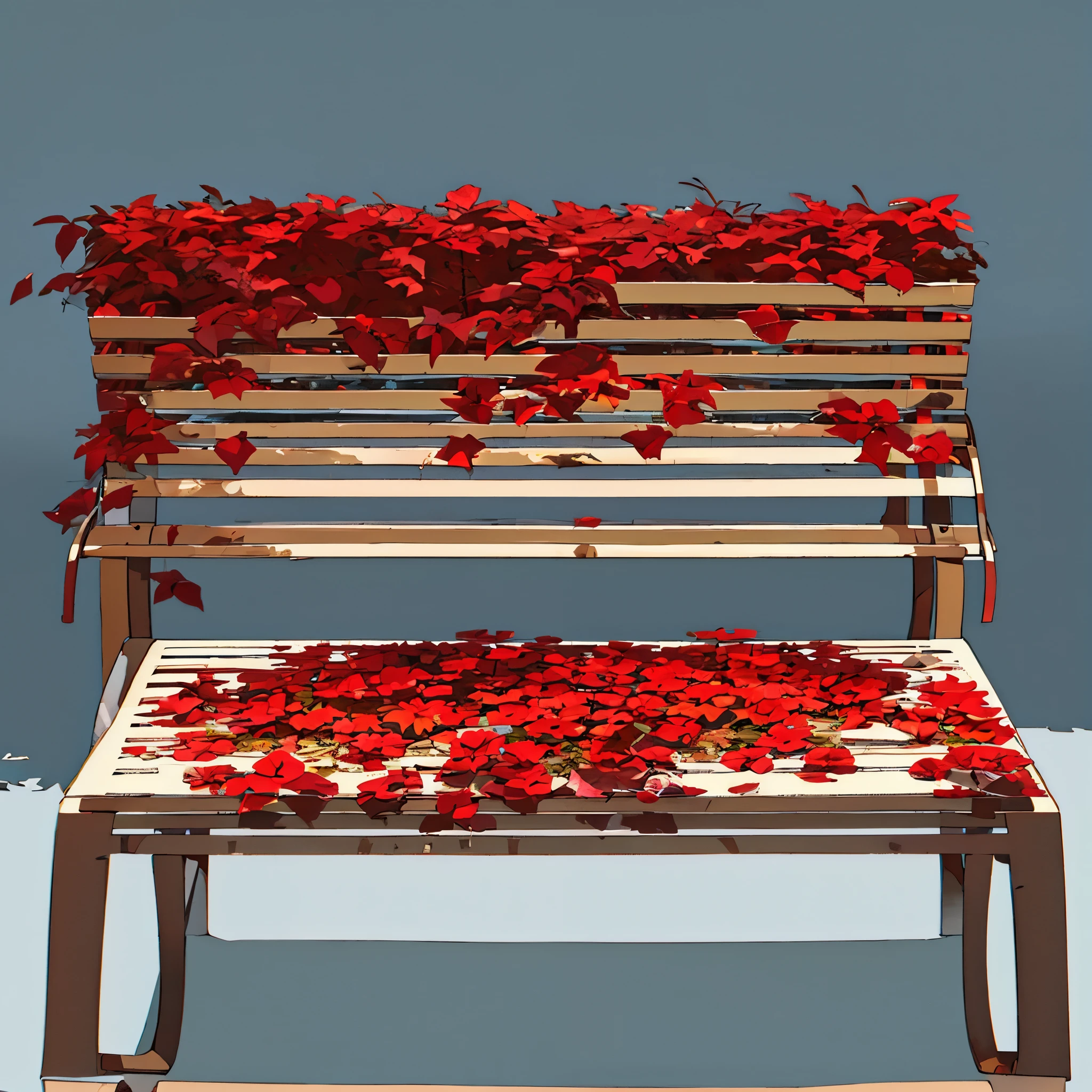 Light gray background, woman sitting on bench, withered red flowers, summer, brown short hair