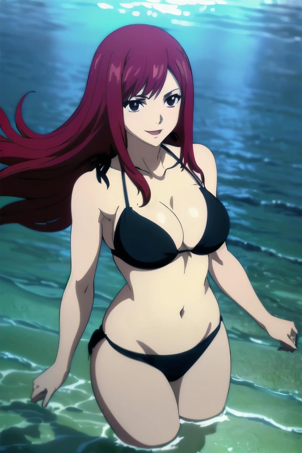 (black bikini only:1.6), groin, (vibrance:1.3), (beach during day time:1.4), windy, ultra detailed face, perfect anatomy, (cowboy shot:1.6), from front, standing, ultra detailed body and face, (thick arms:1.6), perfect body proportions, (legs submerged in water:1.3), highest quality, 1girl, solo, (very little biceps) , smile, ERZASCARLET, BARE SHOULDERS, (big round breasts:1.2) cleavage, off-shoulder, tall girl, (long hair:1.7), (free flowing hair:1.4), (floating hair:1.7), ultra detailed red hair, open mouth, big eyes, long belly, wide shoulders, beach, For the image quality, please prioritize (best quality, highres, masterpiece:1.8), itional prefixes
