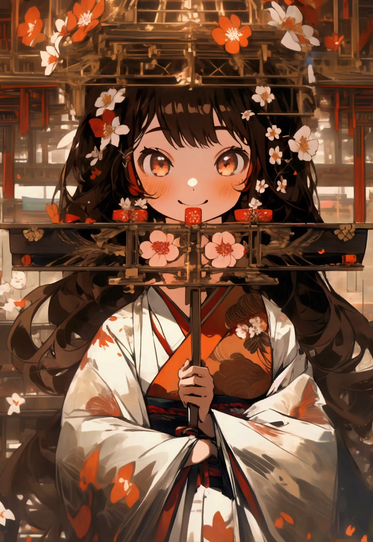 (1 Girl:1.3)、(Brown color hair:1.2)、Wearing a red kimono、miracle、A happy smile(masterpiece, Highest quality,Beautiful fine details, Super detailed, :1.2), 8k wallpaper, Elaborate features, , Long Hair, Striped Hair,Brown-colored eyes, Mysterious,white flame,Red and white flowers、In the French city、You can see the Eiffel Tower、cidade das flores