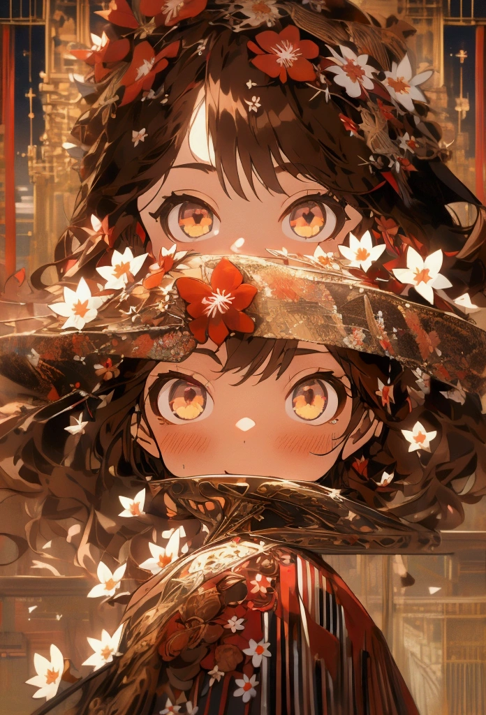 (1 Girl:1.3)、(Brown color hair:1.2)、Wearing a red kimono、miracle、A happy smile(masterpiece, Highest quality,Beautiful fine details, Super detailed, :1.2), 8k wallpaper, Elaborate features, , Long Hair, Striped Hair,Brown-colored eyes,  Mysterious,white flame,Red and white flowers、In the French city、You can see the Eiffel Tower、cidade das flores