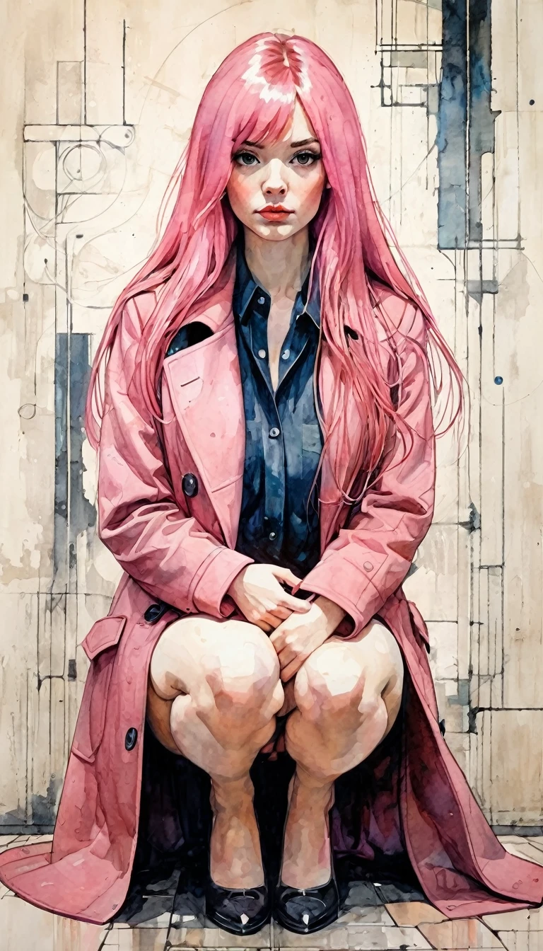 beautiful detailed [photo:illustration:0.9], 1girl, pink long hair, MACKINTOSH coat, best quality, realistic, modern style, thick oil wash painting, traditional media,[sketch:acrylic paint:0.5], girl squatting, cameltoe  art inspired by Bill Sienkiewicz
