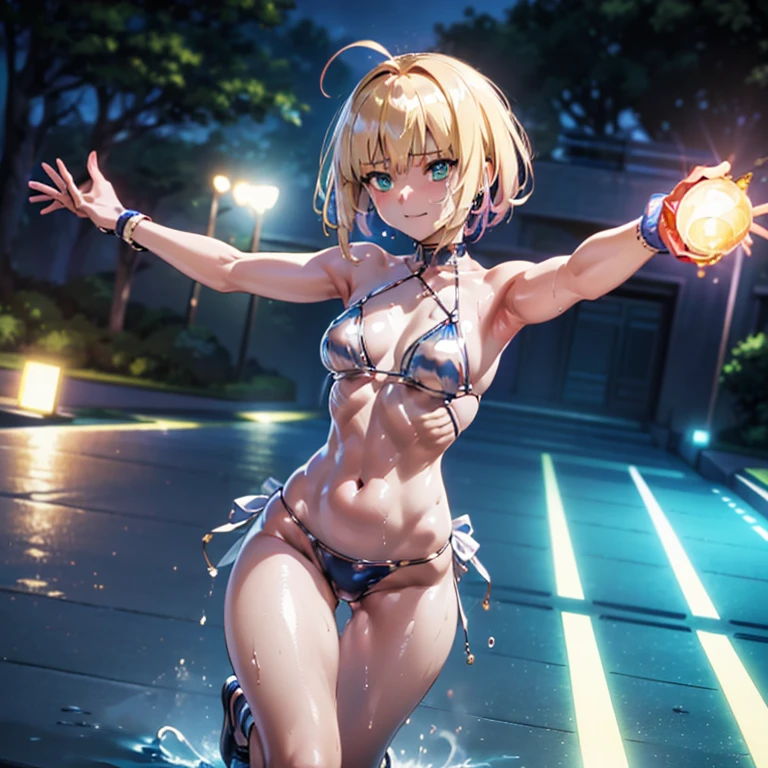 ((Highest quality)), ((masterpiece)), (detailed:1.4), 3d, detailedな筋肉のリアルなmasterpieceを持つカメラを見ている美しいサイバネティックガール, Beautiful cyberpunk woman image,High resolution (High Dynamic Range),Ray Tracing,NVIDIA,Super Resolution,Unreal 5,Scattered beneath the surface,PBR Texturing,Post-processing,Maximum clarity and sharpness,Multilayer Texture,Albedo and Specular Maps,Surface Shading,Accurate simulation of light-matter interactions,Perfect Proportions,Octane Rendering,Two-tone lighting,wide aperture,Low ISO,White balance,Three-part method,8K RAW, Active Pause, Action pose, Gold Parts, fringe, Short-haired, coastal,(A faint smile),(Background is Moon:1.1)(From below),masterpiece,8k,Silicone Skin, ((In-focus photo)), ((Focused photos)), ((People are not blurred)), 4K,Silver Hair、Attractions、A beautiful high-contrast iridescent bikini、Subduction into liquid metal、sprawl、Shiny silver bed、trembling,Sweat,Sweatの滴,Heart symbol,(Neon glowing skin、Pink and blue light source、Skin glowing with black light),huge , ((Heavy breathing:1.3)), , Little devil smile, From belowのアングル、、throw、((夜のPool Example、Pool Example、Illuminated by neon and black lights)))、Dancing、Two perfect hands、Perfect Five Fingers、Supple Hands、Flexible fingers、Perfect Arms、Perfect legs、Flexible arms、Flexible legs、