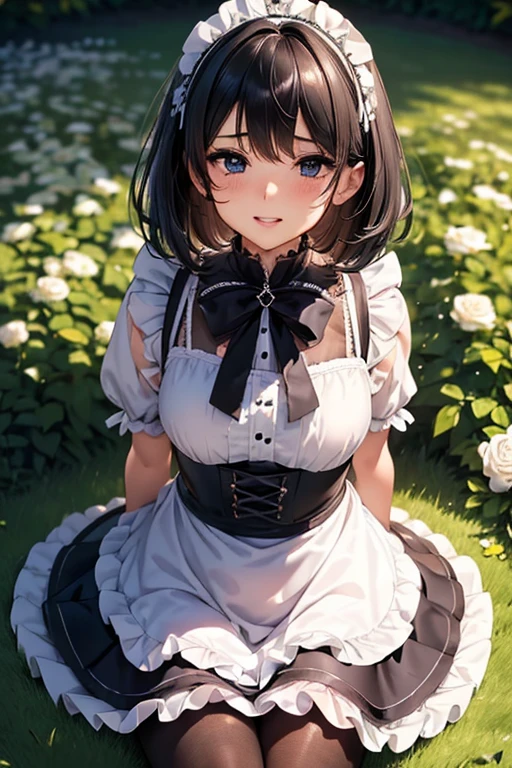 #基本 
A girl is posing for a photo, ((One Girl)), (((:1.2)) + ((cute:1.3))), 
#A girl is posing for a photo, ((One Girl)), (((Baby Facete)) + 16 years old), 
bring Accessories 
(((Black and white:1.4)Gothic Lolita style maid outfit) : Elegant + (Baroque Dress) + Gothic Lolita Fashion + Dark Gothic Lolita + (Black and white)jabot + (black corset) + ((Black and white)Headdress) + ((Black and white)bonnet) + (White apron)) + (Black Pantyhose:1.4) + (Black High Heels), 
red gem earrings, 
break 

#Features 
((Black Hair:1.4)), (Bangs cut to the same height + I can't see my forehead), (Long Hair : A little short hair + Straight hair + Straight side hair),  
(Droopy eyes, blue eyes), (Very small breasts), 
break 

#background environment 
(noon, (The garden of a large Western-style mansion + grass + Sunlit rose garden)), 
#Facial Expression Pose 
((Smiling loudly, blush), (Confident and elegant appearance, (grassの上に座っている), (Sitting with knees up:1.2))), 
#composition 
(To the camera, Focus from the front, (Cowboy Shot)),  
break 

#Body parts elements 
(Slim figure), 
(Detailed Hair, Beautiful Hair, Shiny Hair), 
(double eyelid, Long eyelashes), 
(Expression of fine eyes, Beautiful and delicate eyes, Sparkling eyes, Eye Reflexes, Glitter Eyeliner, Big eyes:1.2), 
(Human Ear), 
(Beautiful Nose, Thin Nose), 
(Glossy Lips, Beautiful Lips, Thick lips, Glossy Lips, Natural Cheeks), 
(Detailed face, Symmetrical facial features), 
(Detailed skin, Textured skin, Beautiful Skin, Glowing Skin), 
break 

#Quality Image Quality Common 
(((Highest quality)), ((masterpiece)), ((Very detailed))), ((High resolution)), ((16K,1080P)), 
(Anatomically correct), (Realistic), (3DCG), 

#Quality image illustration 
((comics, anime)), CG illustration, 
