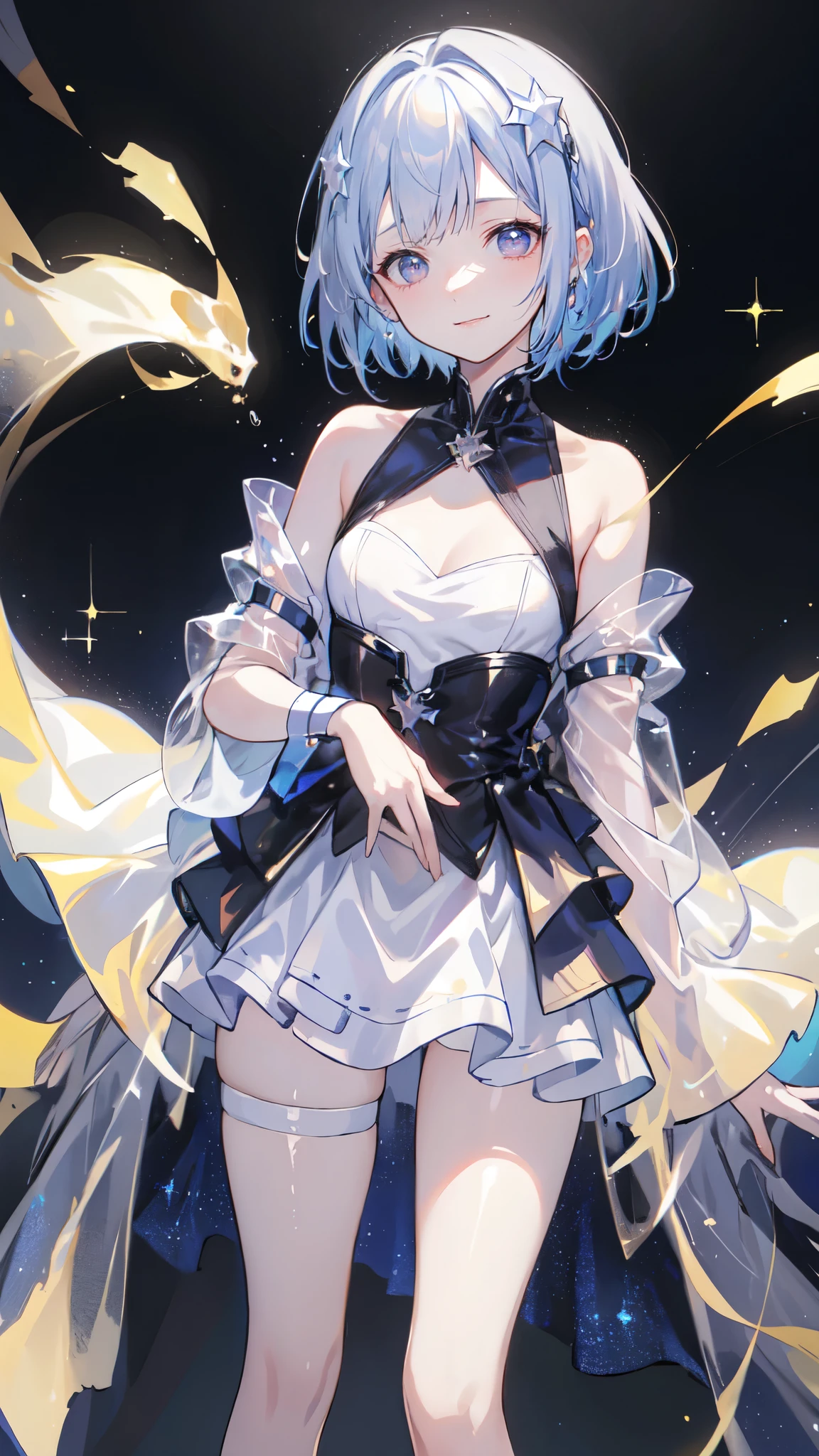 add_detail:1, starlight, stars, holding stars, glowing, space, 🌌, 1girl, young girl, curious expression, short hair, flowing hair, bangs, colorful detailed eyes