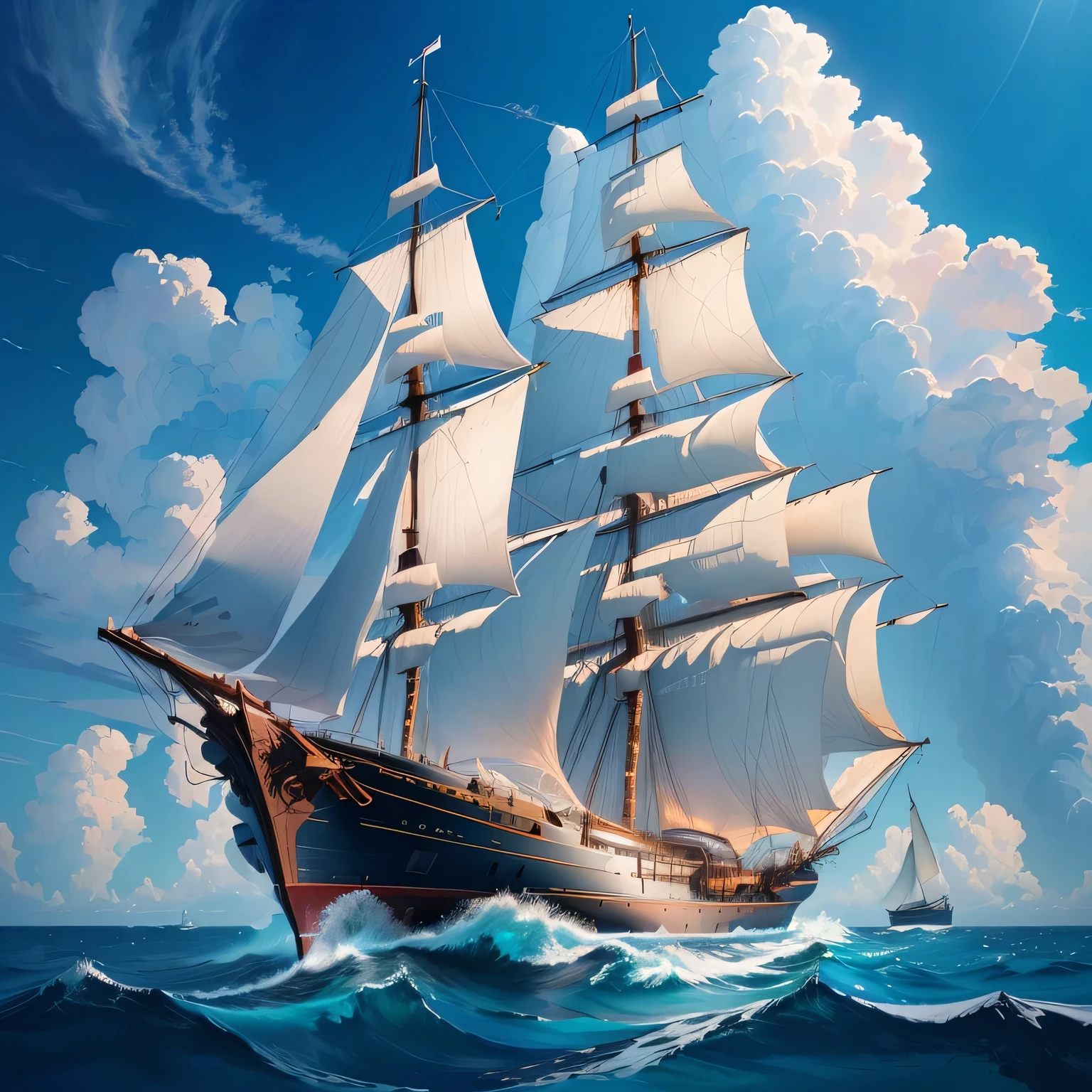 painting of a sailboat in the ocean with a sky background, sailed ship, sailboat, Ship at sea, 大sailboat, sailboats, sailed ship underneath, Digital painting highly detailed, high resolution drawing, 4k highly detailed digital art, A piece of boat sailing, Old Ship, Highly detailed numbers, Amazing wallpapers, 8k high quality detailed art