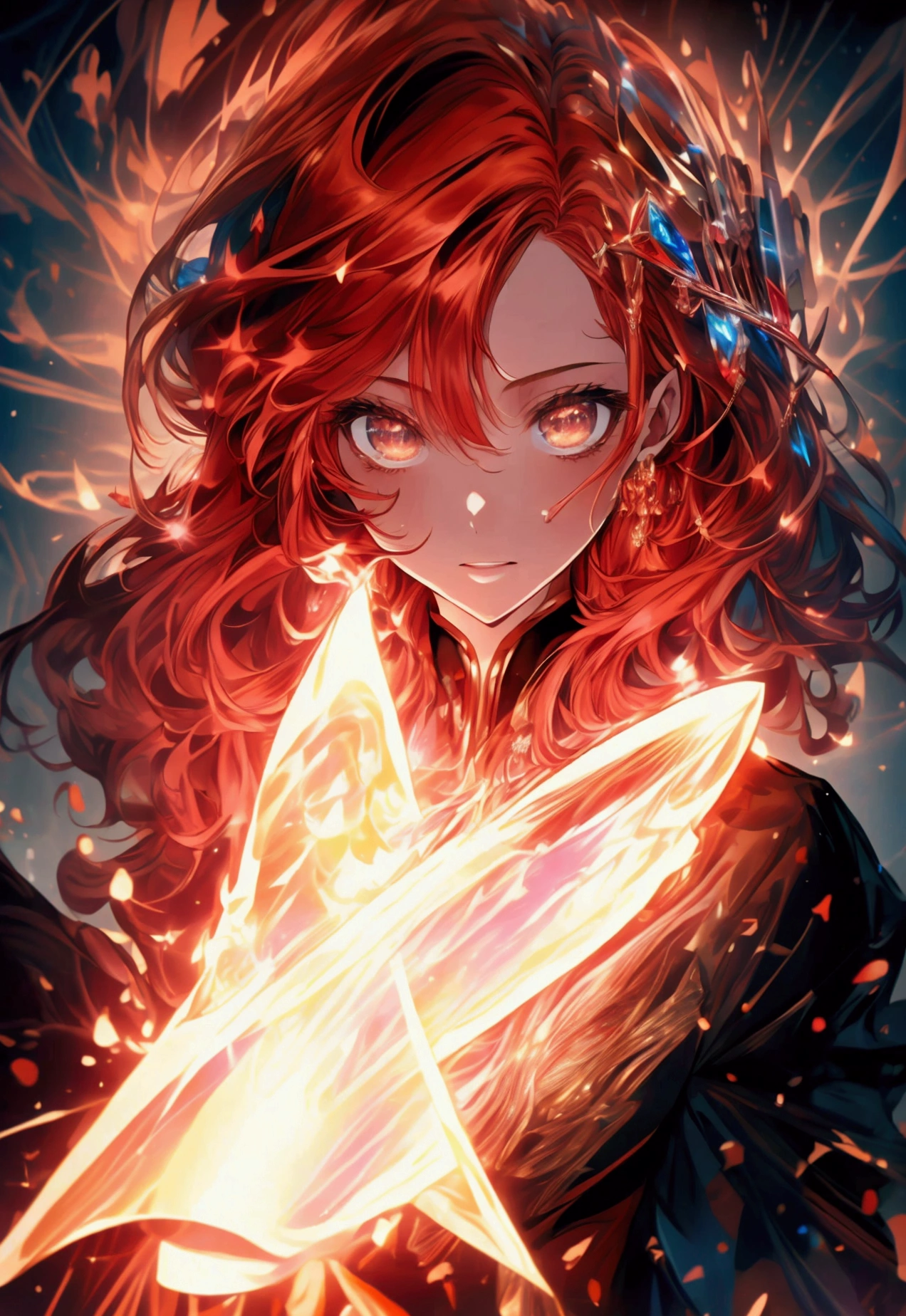 red hair, crystal hair, shiny hair, lens flare, Conceptual art, Surrealism, 8k, super detail, UHD, masterpiece, accurate, anatomically correct, textured skin, super detail, high details, high quality, award winning, best quality, highres
A beautiful girl inspired by Mars, with medium-length red hair that flows like fire. She has a very beautiful face with a strong core, exuding an aura of nobility and strength. She is knowledgeable in mysterious things, giving her a mystical and wise appearance. The background features an abstract representation of fire, emphasizing her connection to the element of fire and the planet Mars.