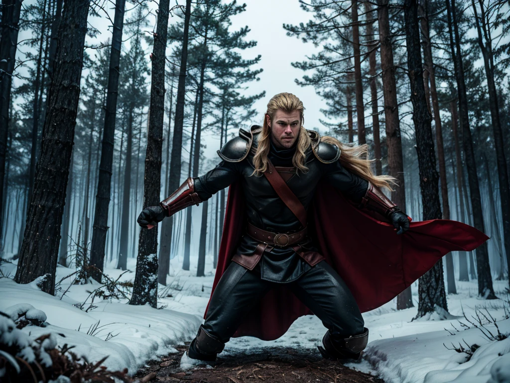 modern style movie poster, with Chris Hemsworth, long blonde hair, Roman armor, black, rusty (no cape, no cape), fight scene, hyper-realistic, snowy forest background, winter, red fog, fire, cinematic, cinematography, dark lighting, NOIR image, highly detailed, sharply focused, realistic movie poster style, dynamic shot, --chaos 10 --ar 6:5 --raw style --stylize 600