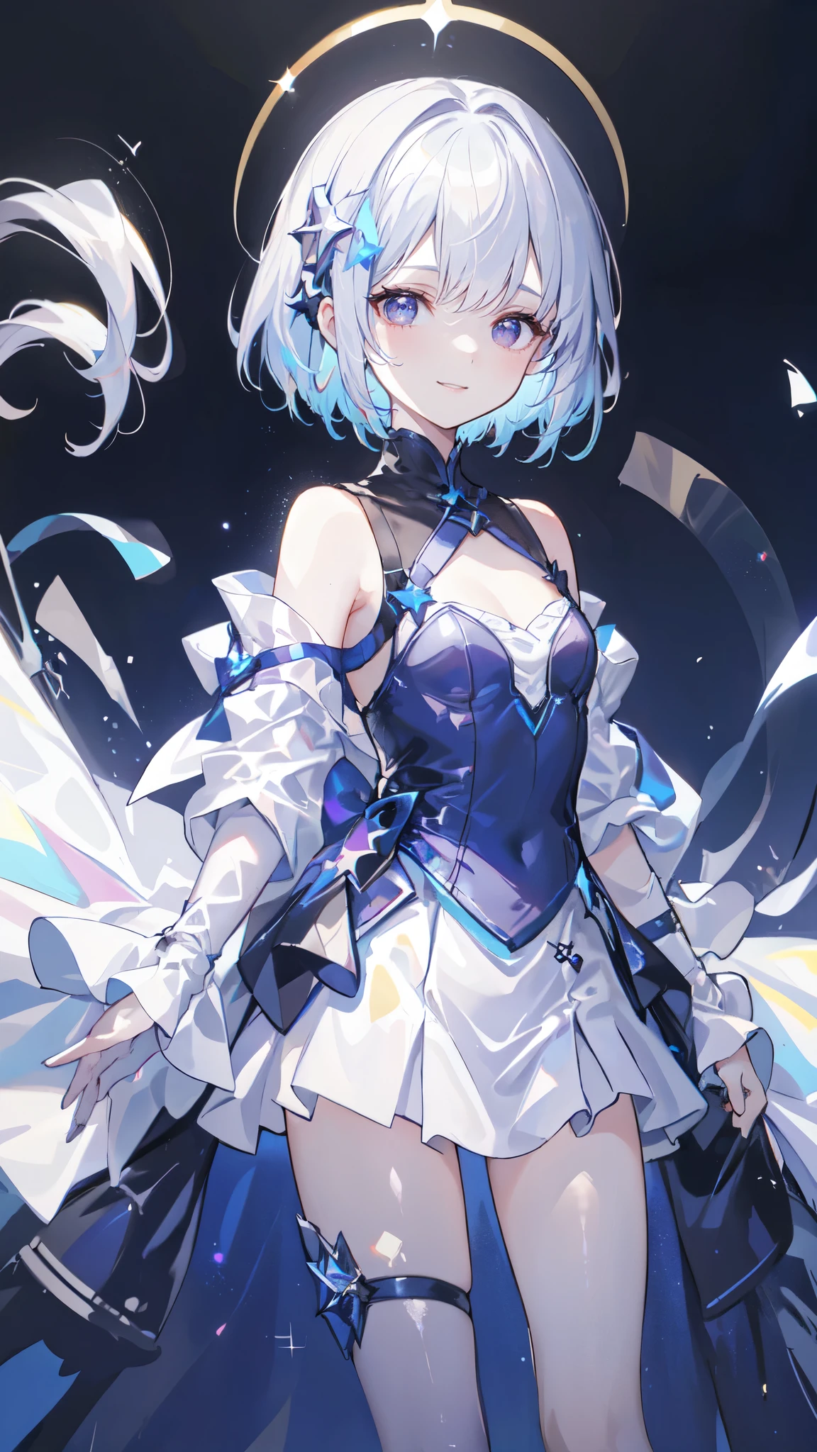 add_detail:1, starlight, stars, holding stars, glowing, space, 🌌, 1girl, young girl, curious expression, short hair, flowing hair, bangs, colorful detailed eyes