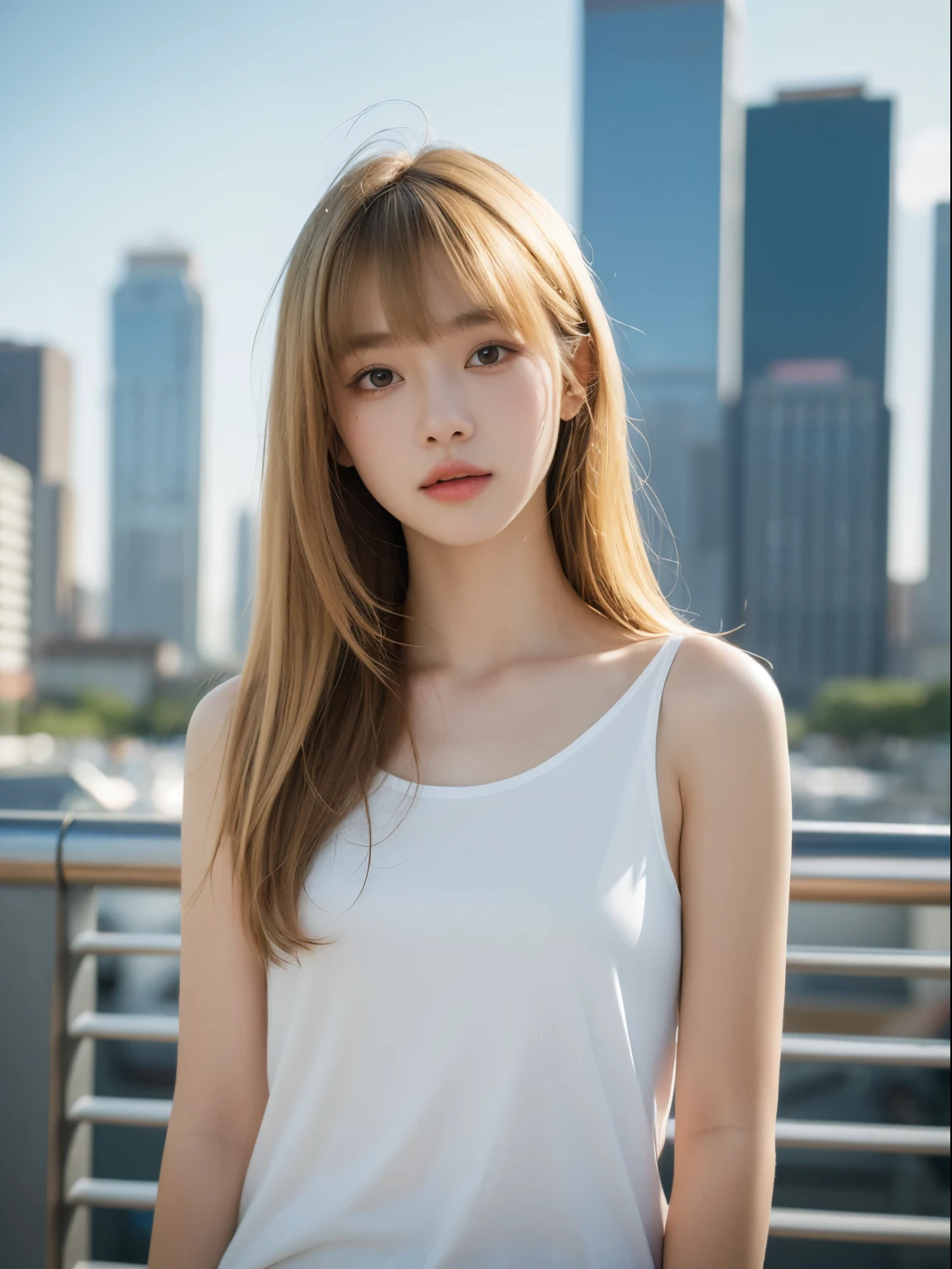 (8k, Top quality, Masterpiece:1.2), (Realistic, photo-realistic:1.37), Super detailed, perfect anatomy, a Japanese, girl, cute, small eyes, 18 years old, blunt bangs, blonde hair, cityscape,