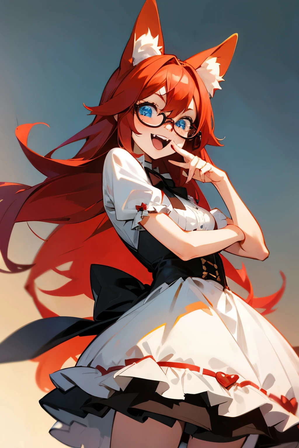 anime,Young woman,Red Hair and Blue Eyes,freckles and glasses,Darling,Fangs,corgi ears,in a ta dress