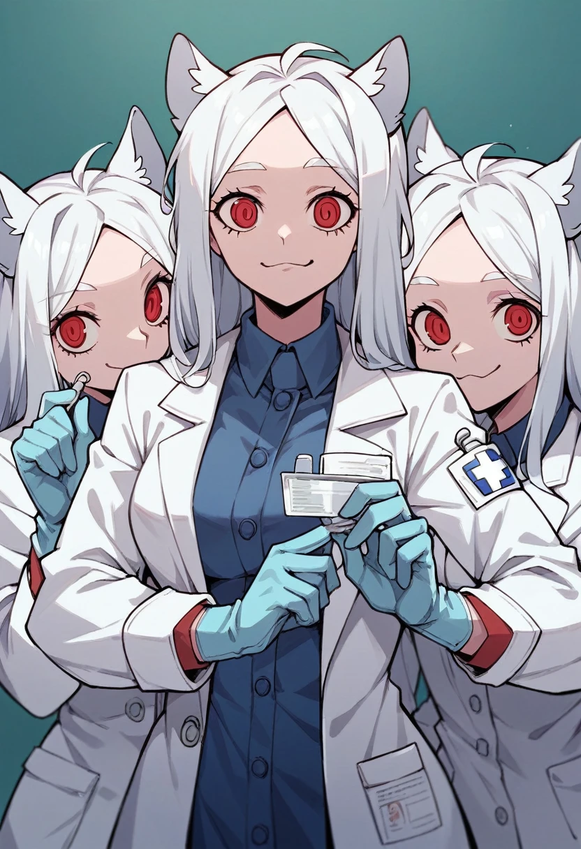 3girls, cerberus \(helltaker\), ((blue medical gloves)), ((surgical gloves)), ((latex gloves)), ((long sleeves)), looking at viewer, ((white doctor outfit)), standing, solo
