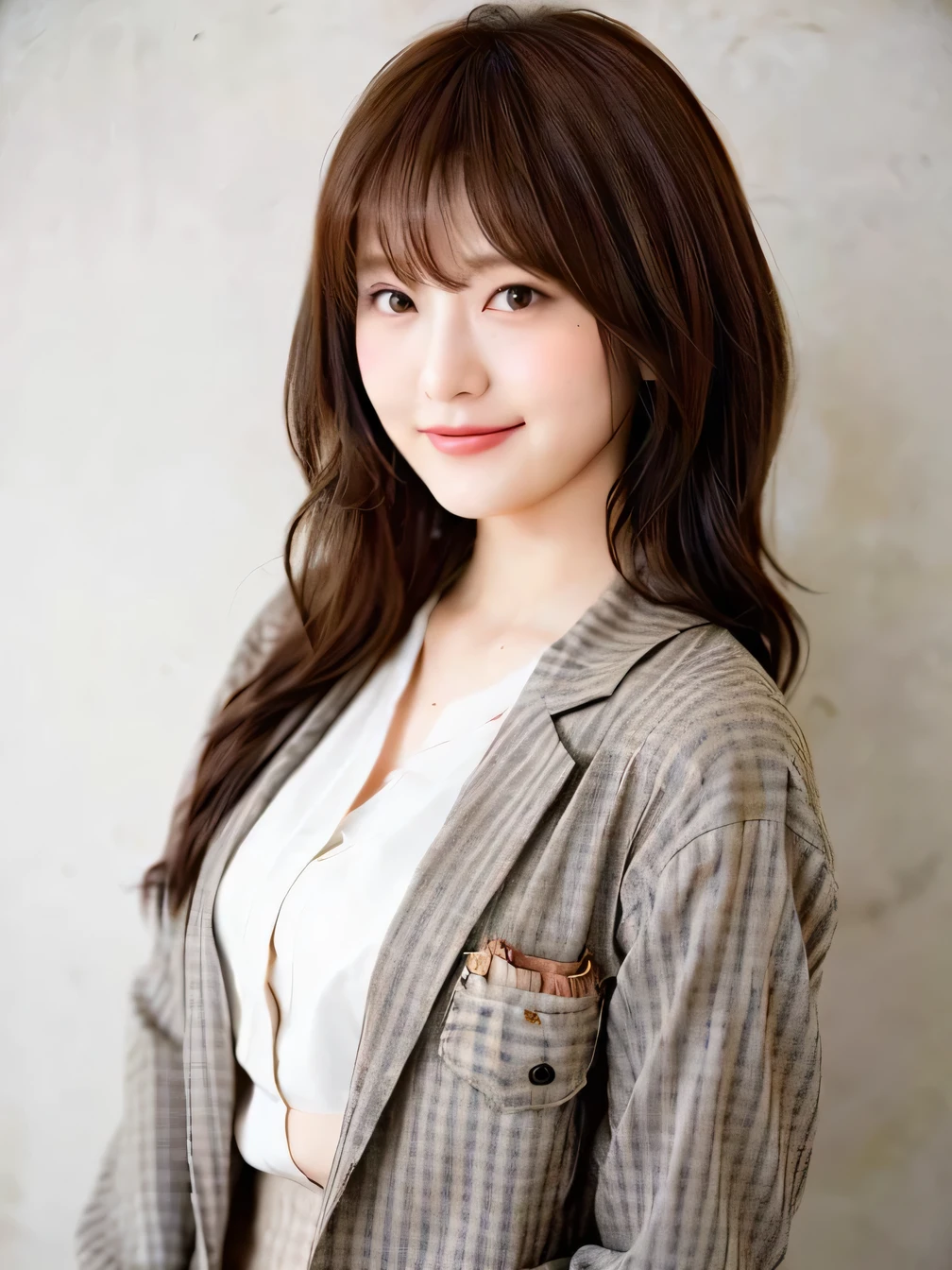 Highest quality, One beautiful woman, 28 years old, S, 35mm lens,, Cowboy Shot, Specific Background、Mortar style background、Reddish-brown hair color、Gingham Check Tailored Jacket、Mortar wall,From below、Straight hair、Straight hair、Shiny Hair,Silky Hair、A big smile,