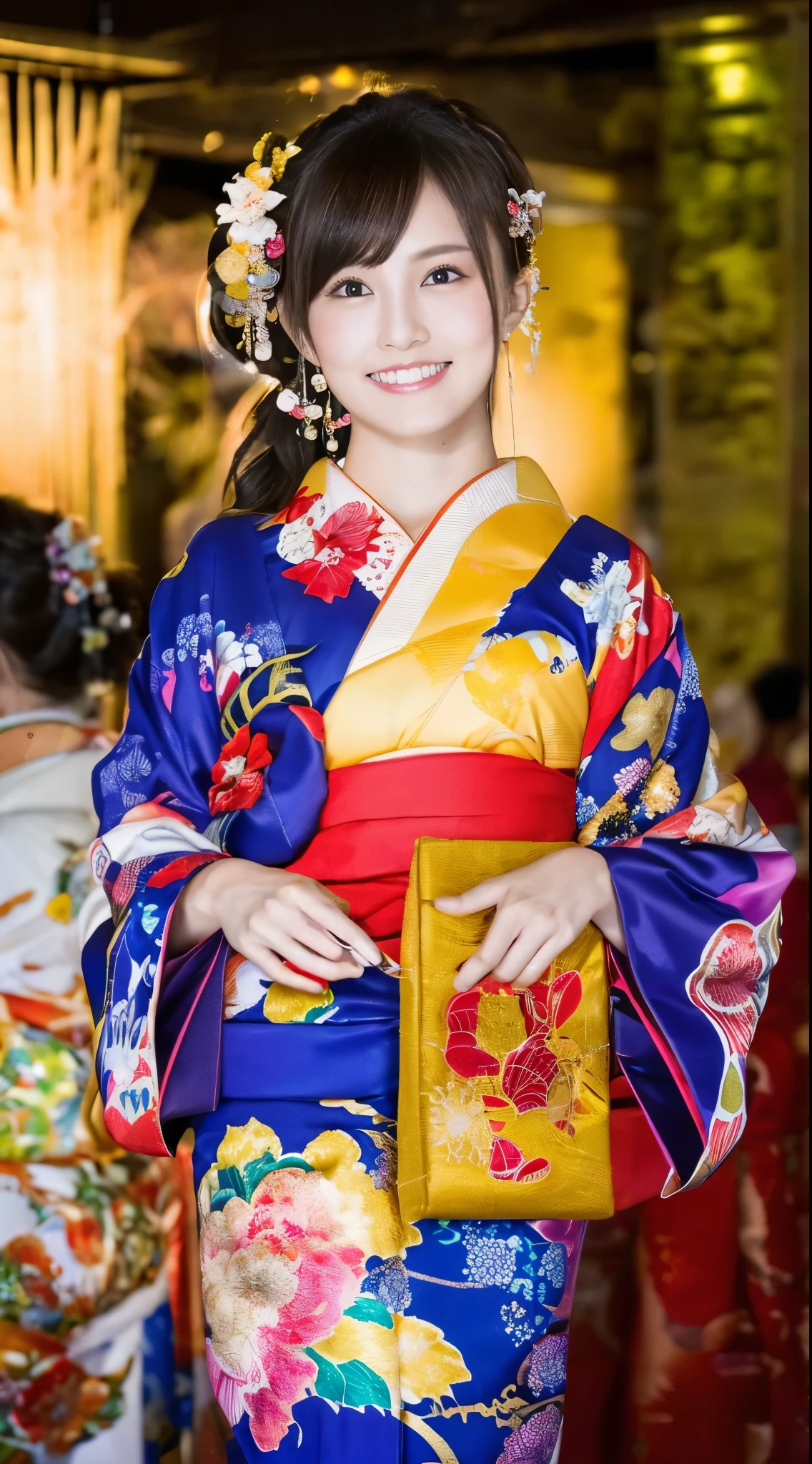 ((masterpiece(:1.4),Highest quality,Ultra-high resolution,Highest quality,8k,Extremely detailed,In detail))。night,Fireworks display,Japanese,Oiran,Long-sleeved kimono,Hair tying,hair ornaments,smoke tube,geta,Gorgeous and luxurious,(Fireworks displayのnightに河川敷で花火を背景にしたスナップ写真),Hyper Quality