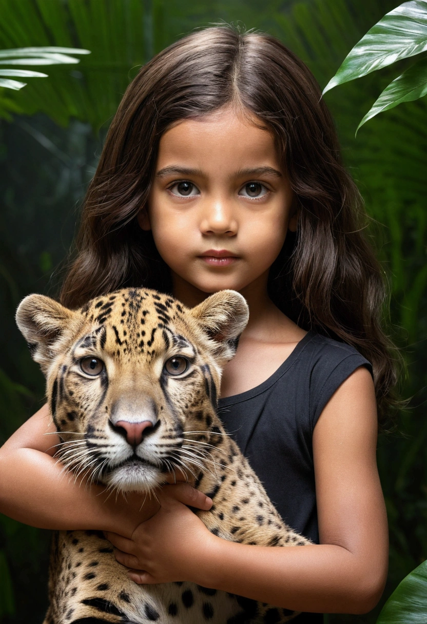 5-year-old baby girl holding a large panther ,in jungle,depth of fields,high light,Real light,Ray traching,OC renderer,UE5 renderer,Hyper-realistic,best qualtiy,8K,Works of masters,super-fine,Detailed pubic hair,Correct anatomy, navel
