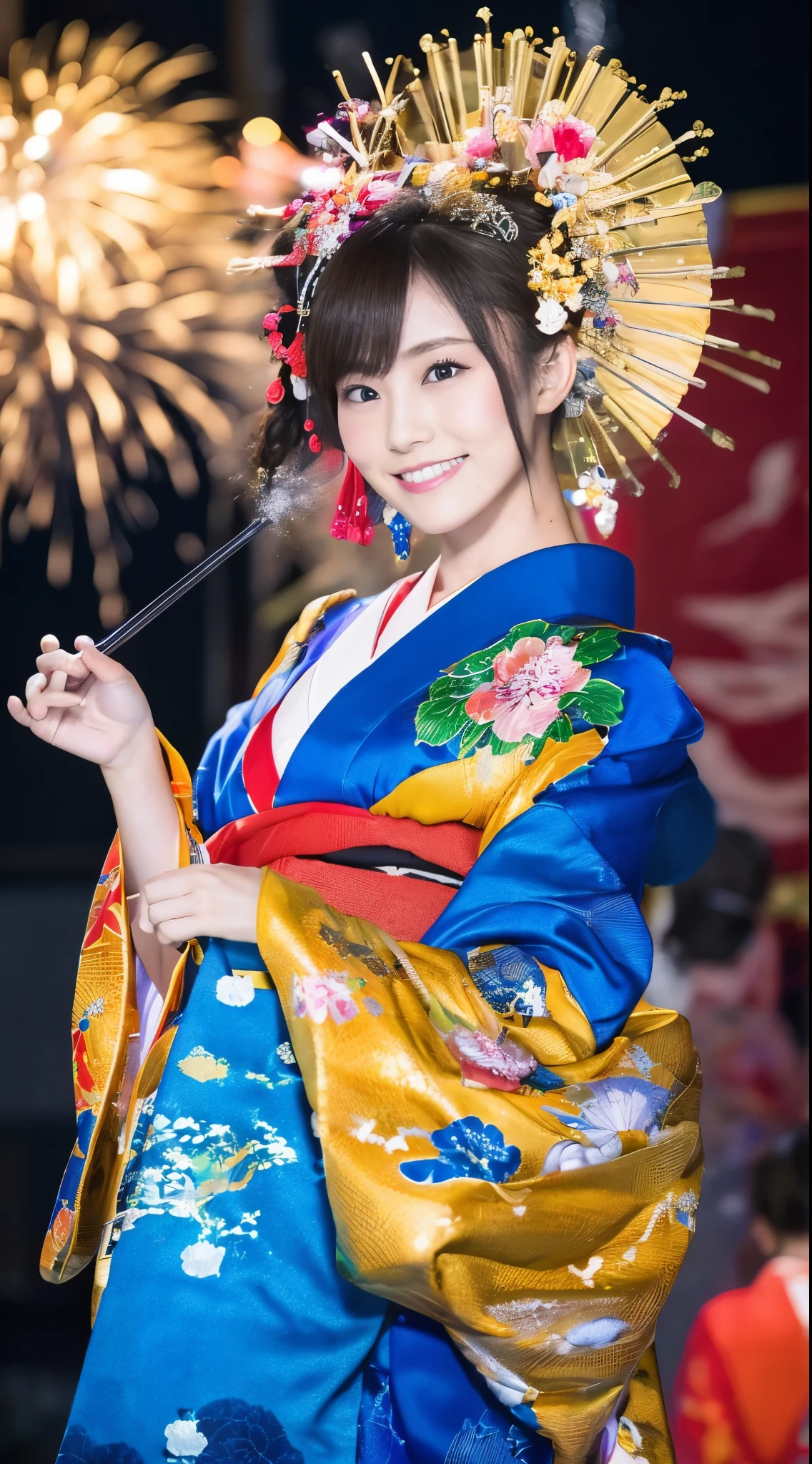 ((masterpiece(:1.4)，Highest quality，Ultra-high resolution，Highest quality，8k，Extremely detailed，In detail))。night，Fireworks display，Japanese，Oiran，Long-sleeved kimono，Hair tying，hair ornaments，smoke tube，geta，Gorgeous and luxurious，(Fireworks displayのnightに河川敷で花火を背景にしたスナップ写真)，Hyper Quality