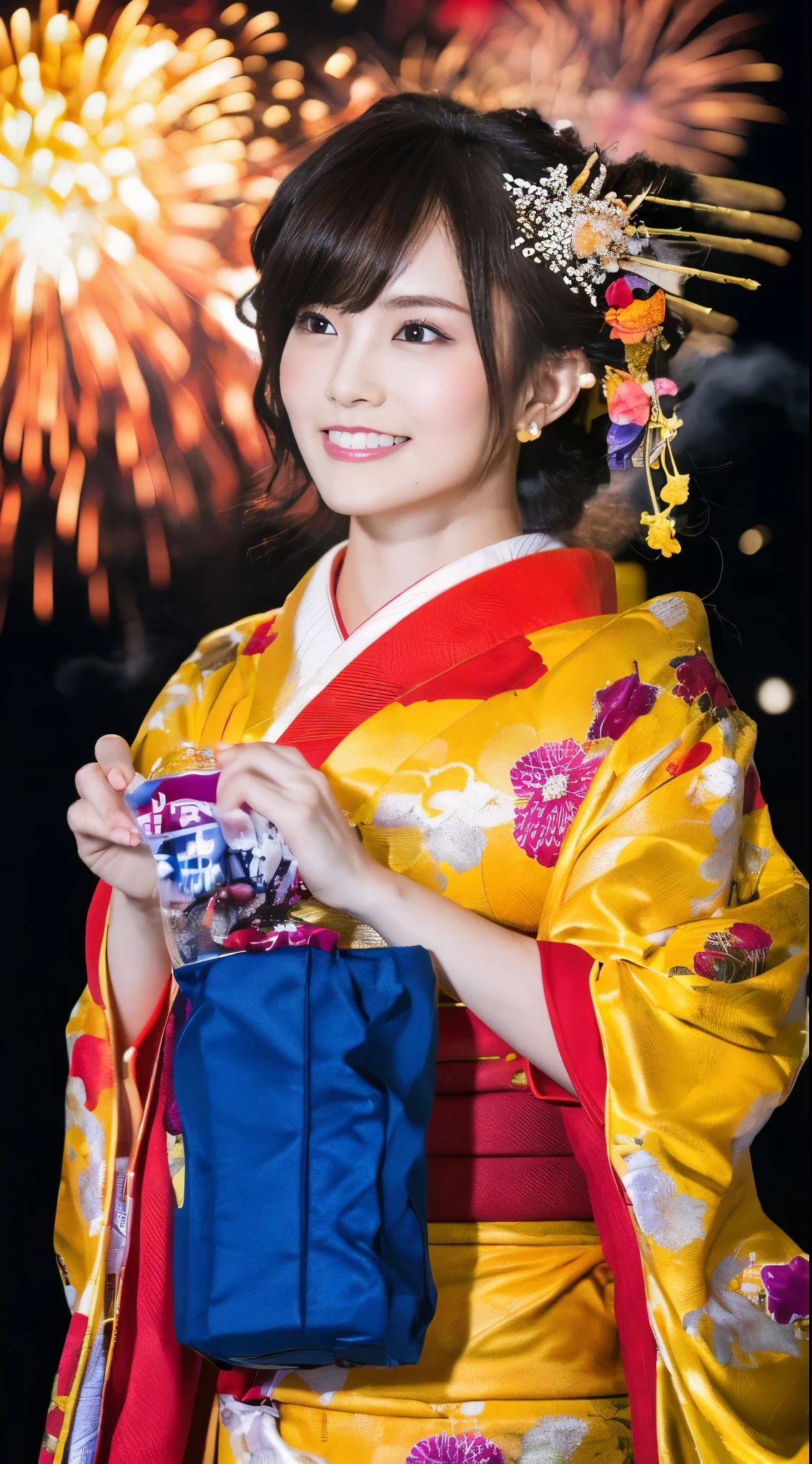 ((masterpiece(:1.4)，Highest quality，Ultra-high resolution，Highest quality，8k，Extremely detailed，In detail))。night，Fireworks display，Japanese，Oiran，Long-sleeved kimono，Hair tying，hair ornaments，smoke tube，geta，Gorgeous and luxurious，(Fireworks displayのnightに河川敷で花火を背景にしたスナップ写真)，Hyper Quality
