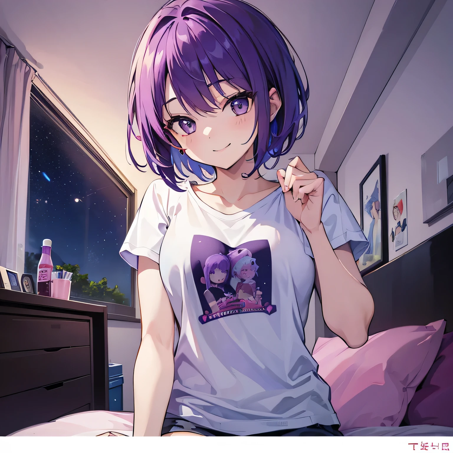 (T Masterpiece，4K wallpaper，Best Quality))、((girl１people))、(solo)、Bright and Brilliant，(Purple Hair)、(short hair:1.3)、smile、Bedroom、T-Shirts、night