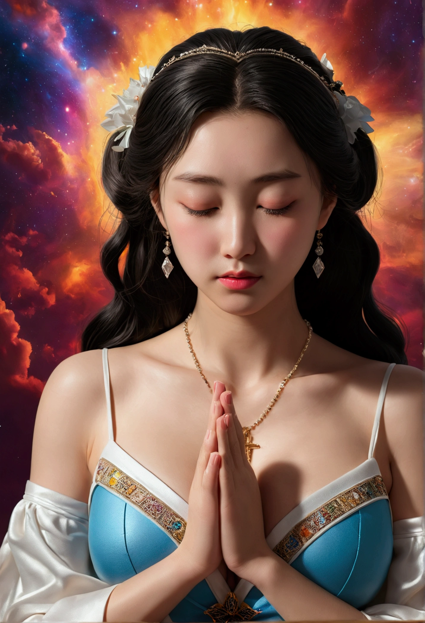 (Prayer Postureをとるアッラーの手:1.5), (Cleavage close up:1.5), (Colorful Nebula:), Vibrant colors, an explosion of colors, The complex surroundings, The background is complicated, spiritual, god聖な, dream-like, god, Pineal gland, dream-like, (Highly detailed CG unit wallpaper 16k:1.1), (Noise suppression: 1.45), (masterpiece:1.37), Ultra-high resolution), Praying Hands, Blessing Hands, solemn gesture, Prayer Posture, Surreal, Godrays, Ray Tracing, Ray Tracing, Ultra-high resolution, Award-winning, Award-winning