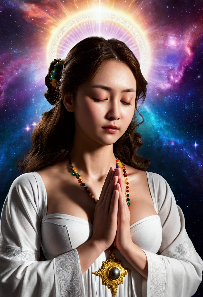 (Prayer Postureをとるアッラーの手:1.5), (Cleavage close up:1.5), (Colorful Nebula:), Vibrant colors, an explosion of colors, The complex surroundings, The background is complicated, spiritual, god聖な, dream-like, god, Pineal gland, dream-like, (Highly detailed CG unit wallpaper 16k:1.1), (Noise suppression: 1.45), (masterpiece:1.37), Ultra-high resolution), Praying Hands, Blessing Hands, solemn gesture, Prayer Posture, Surreal, Godrays, Ray Tracing, Ray Tracing, Ultra-high resolution, Award-winning, Award-winning
