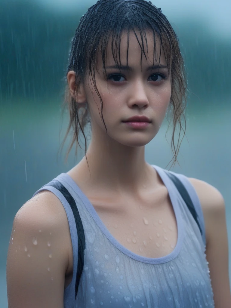 rain, in the rain, sea, woman, streaked hair, eyeball, stare, sleeveless shirt, tank_top, frilled socks, 