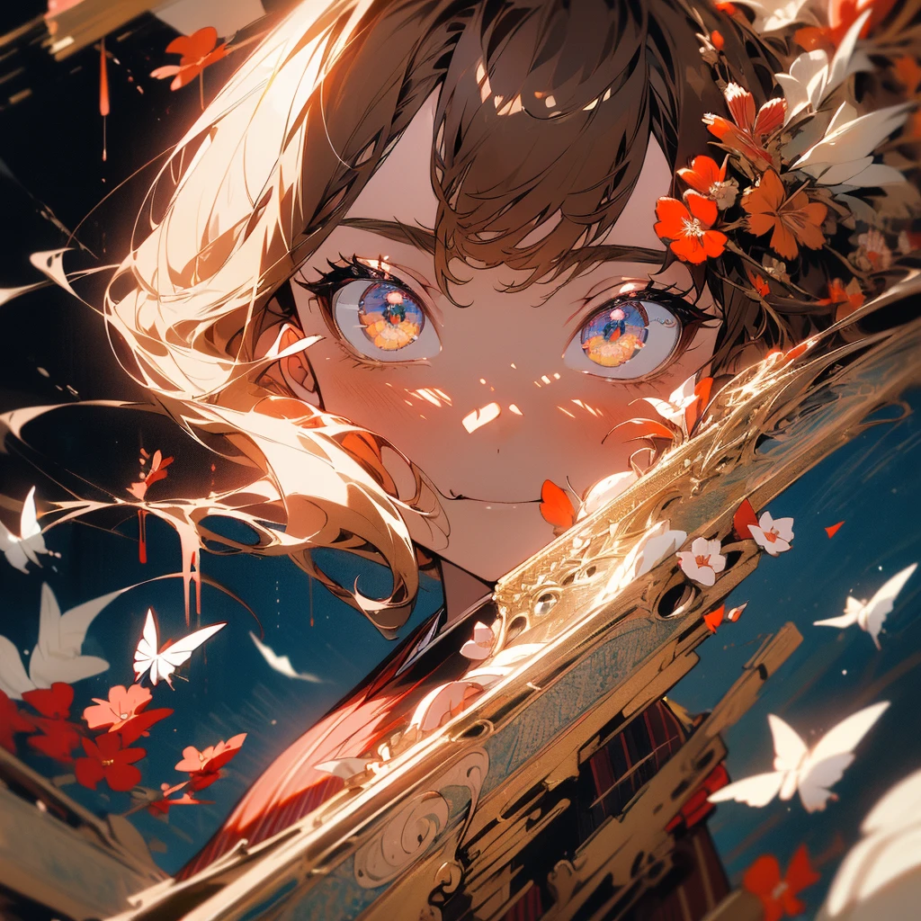 (1 Girl:1.3)、(Brown color hair:1.2)、Wearing a red kimono、(masterpiece, Highest quality,Beautiful fine details, Super detailed, :1.2), 8k wallpaper, Elaborate features, , Long Hair, Striped Hair,mysterious、Red and white flowers、In the French city、cidade das flores