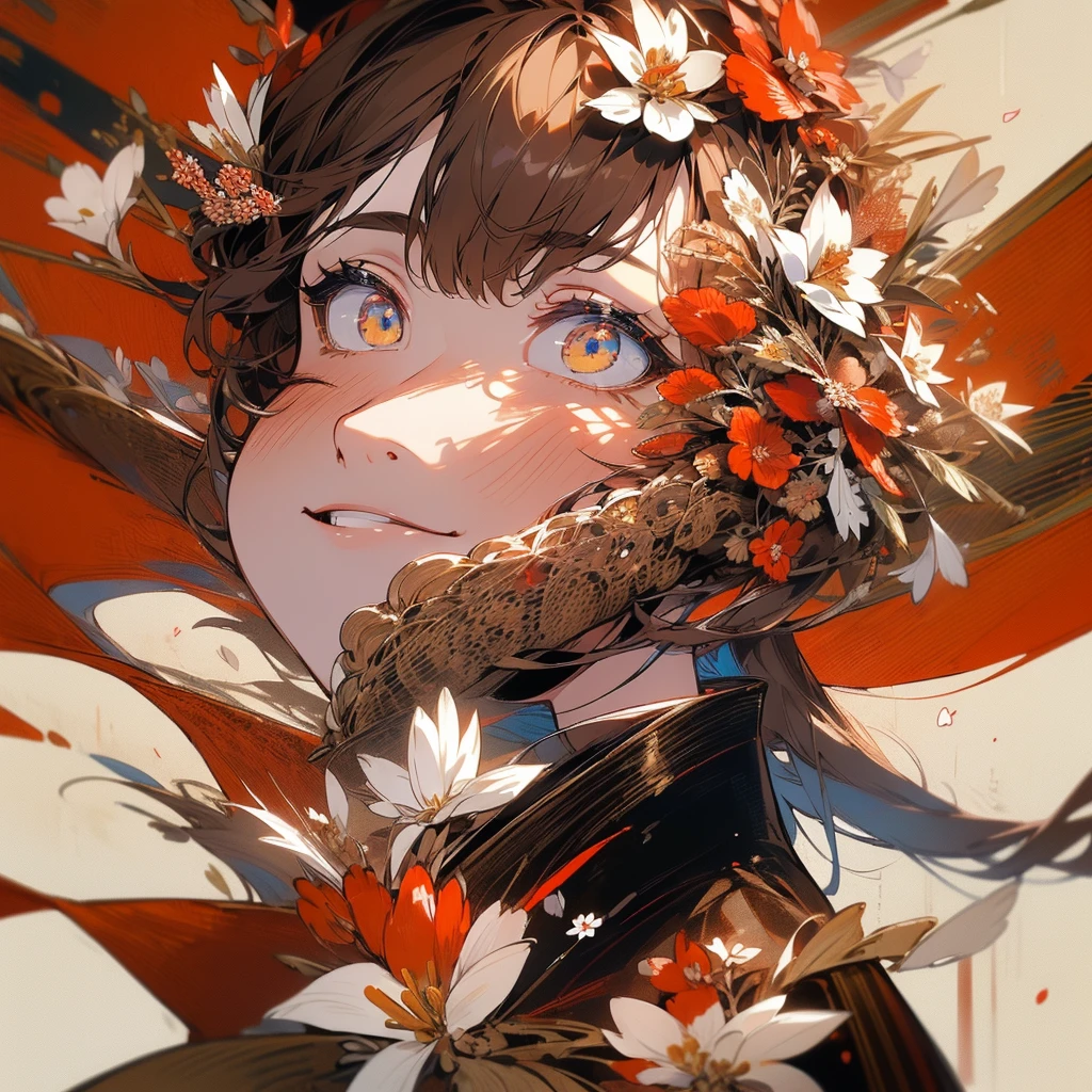 (1 Girl:1.3)、(Brown color hair:1.2)、Wearing a red kimono、(masterpiece, Highest quality,Beautiful fine details, Super detailed, :1.2), 8k wallpaper, Elaborate features, , Long Hair, Striped Hair,mysterious、Red and white flowers、In the French city、cidade das flores