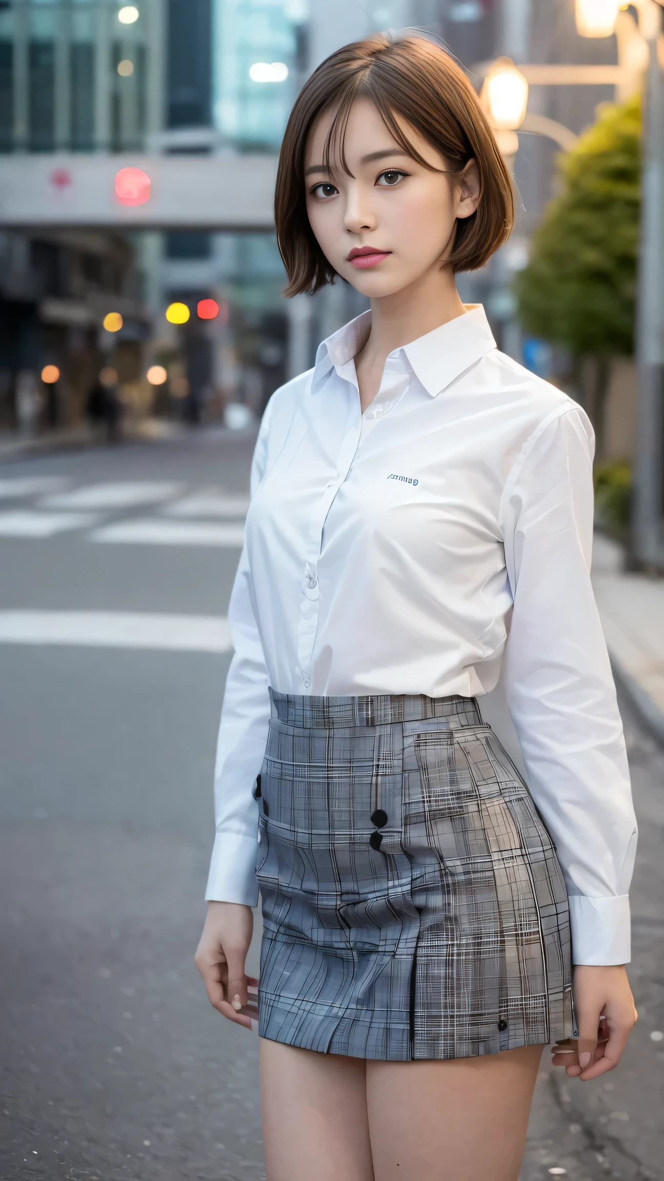 ((Highest quality, 8k, masterpiece: 1.3, RAW Photos)), Sharp focus: 1.2, (alone), (1. ASPA GIRL: 1.2), (Realistic, Realistic: 1.37), (Face Focus: 1.1), Cute Face, Small breasts, Flat Chest, Messy Short Hair, (Business shirts: 1.1), Beautiful woman standing under a street lamp, Cinema Lighting, thigh, flare skirt,