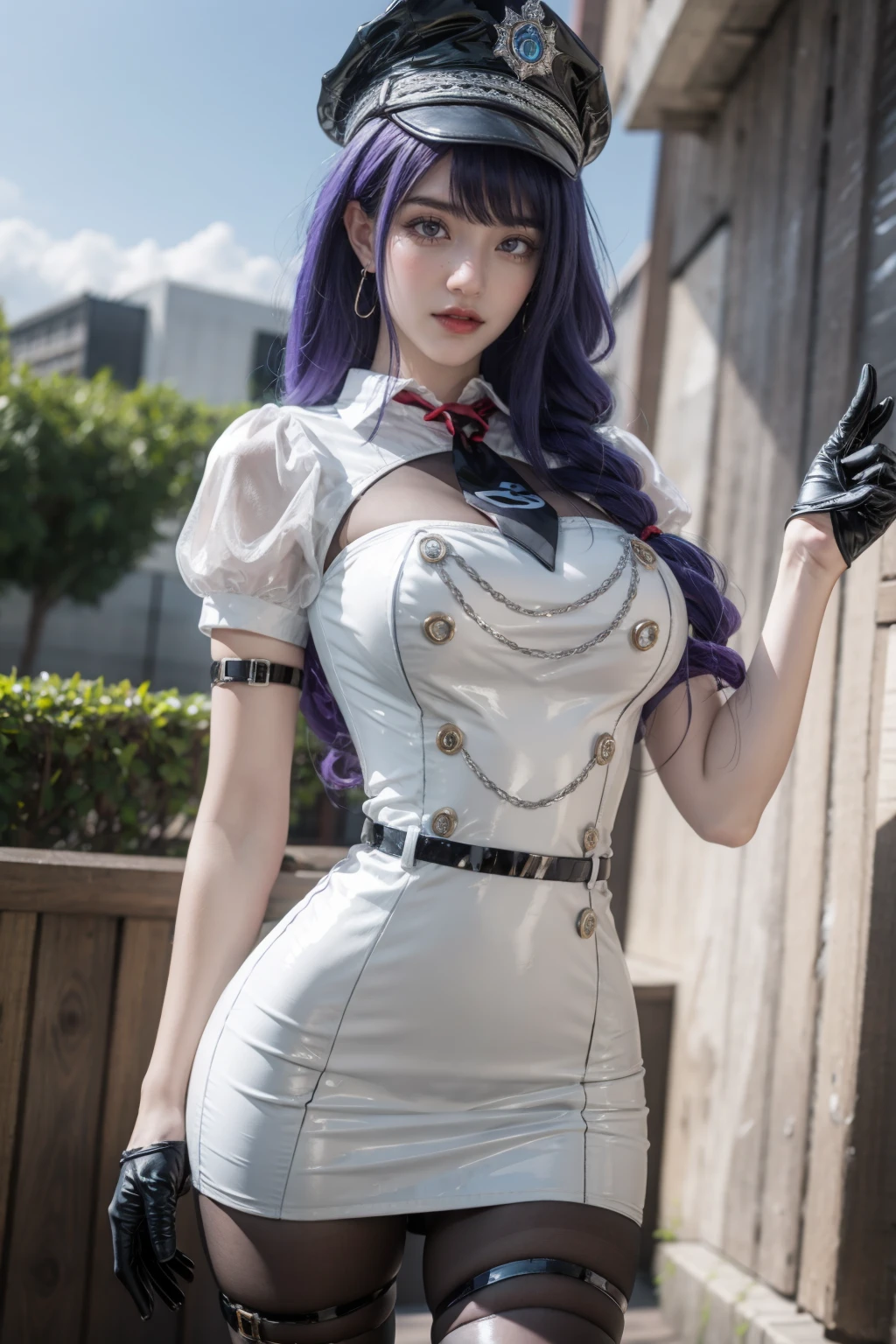 best quality,masterpiece,high resolution,Extremely detailed CG unity 8k wallpaper,outdoor,1 Girl,Solitary,permanent,Cowboy shooting,Large Breasts,Lemon 0001,armband,Fluffy short sleeves,belt,Half-fingered gloves,Buttons,Jewelry,Thigh straps,White skirt,Black pantyhose,Purple Hair,