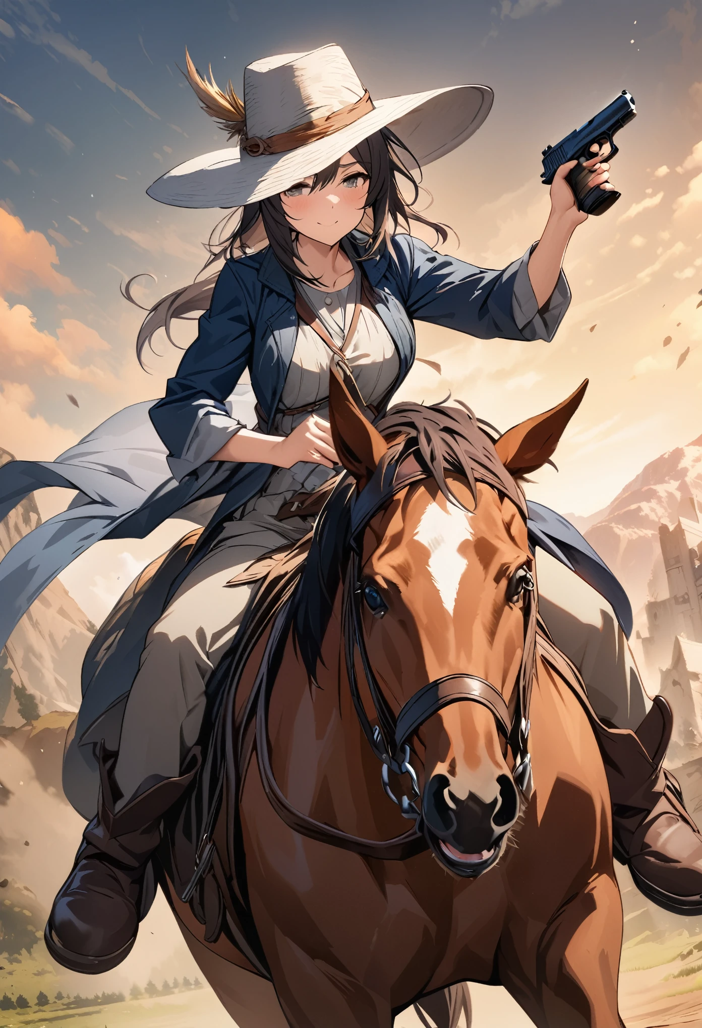 masterpiece, best quality, extremely detailed CG unity 8k wallpaper, Woman wearing a ten-gallon hat, Riding a horse, I have a handgun in my hand, They&#39;re pointing their guns at me., Western Cowboy, 2.5D illustration, Golden Ratio, Realistic Backgrounds, Bokeh