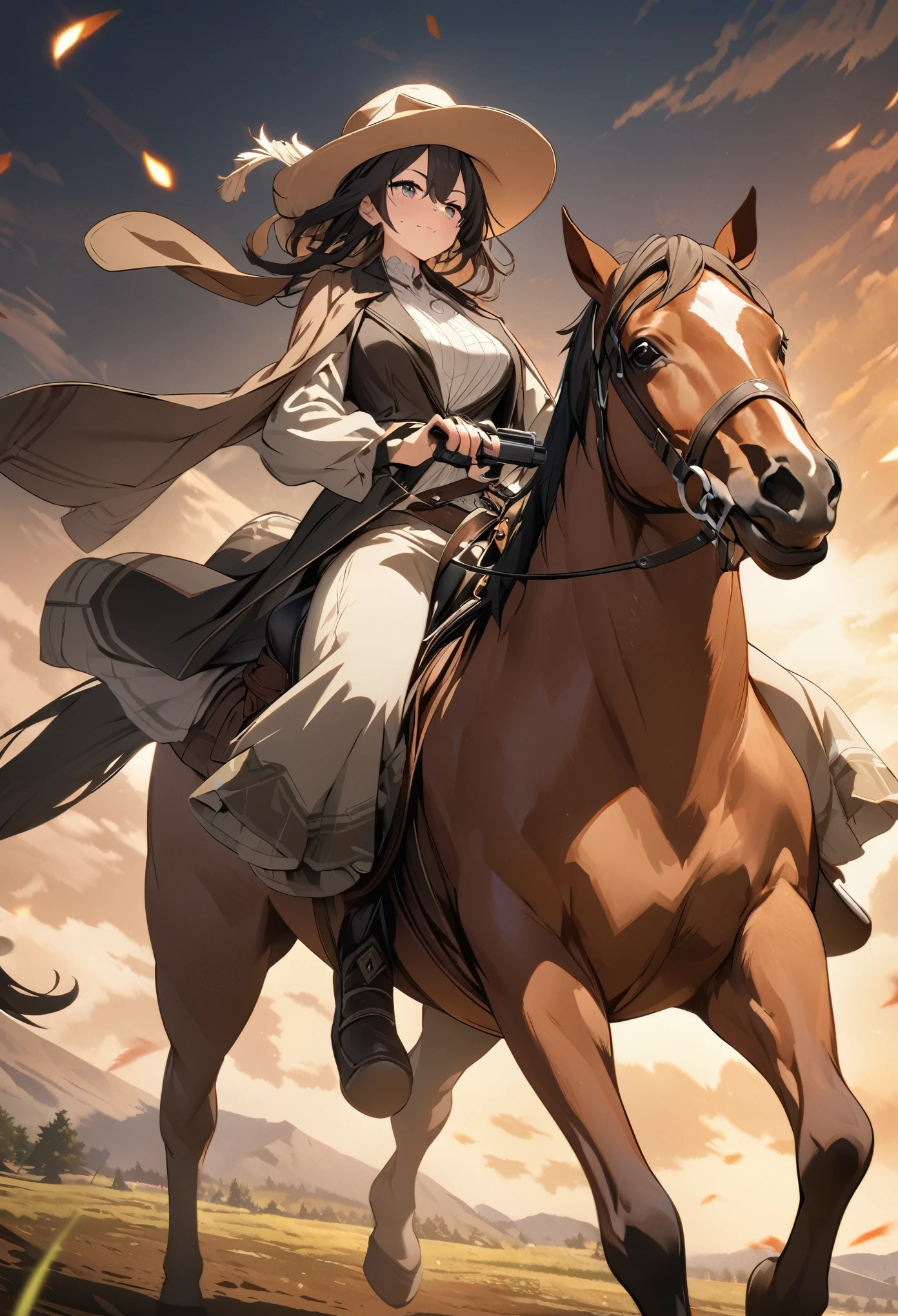 masterpiece, best quality, extremely detailed CG unity 8k wallpaper, Woman wearing a ten-gallon hat, Riding a horse, I have a handgun in my hand, They&#39;re pointing their guns at me., Western Cowboy, 2.5D illustration, Golden Ratio, Realistic Backgrounds, Bokeh